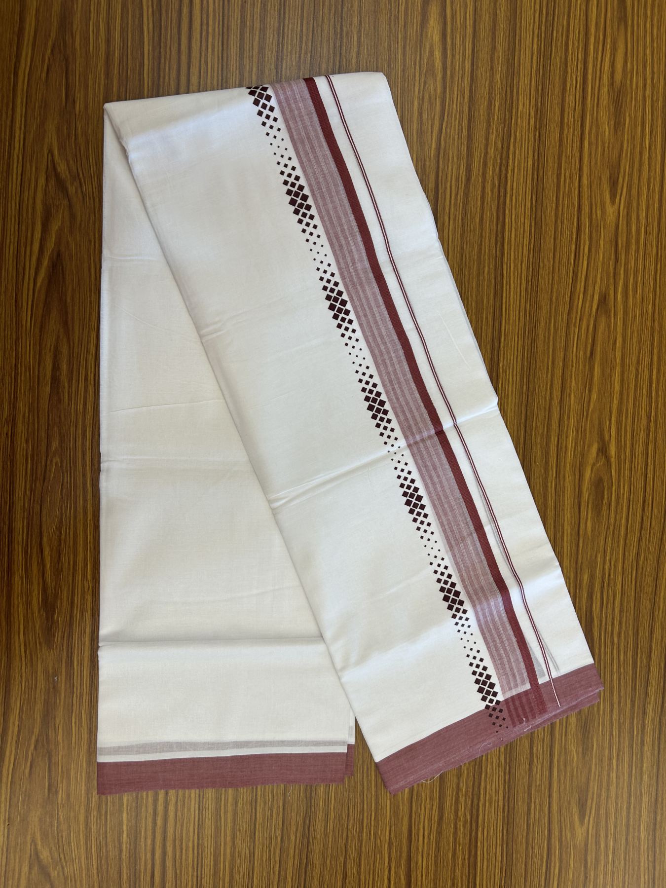 20% Discount ! KaithariKada Balaramapuram Cotton Double Pure white Mundu/Dhoti- 80s - 2.5 inch Light Maroon Printed Shade Stripes Design Kara - 3.65 mtr (8 muzham) - 20 KK5329 GAN