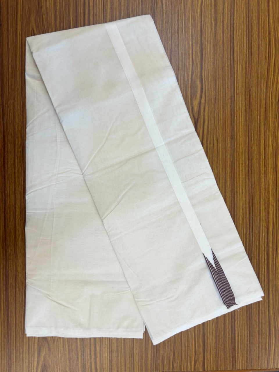 20% Discount ! KaithariKada Balaramapuram 100% Cotton Double Off White (Unbleached) Mundu/Dhoti- 100x100 - 0.75 inch Puliyilakkara Dark Brown Striped Chutty Kara - 13 KK5257 ASH