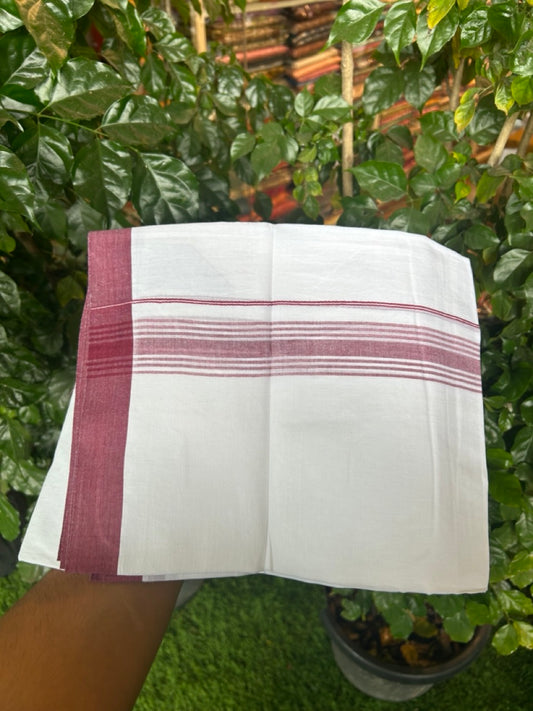 20% Discount ! Kaitharikada Balaramapuram 100% Cotton PURE WHITE Double Mundu/Dothi - 100x80 - 1.5 inch Maroon Shaded Striped Kara 3.90 mtr (8 muzham) - 51 KK5294 THI