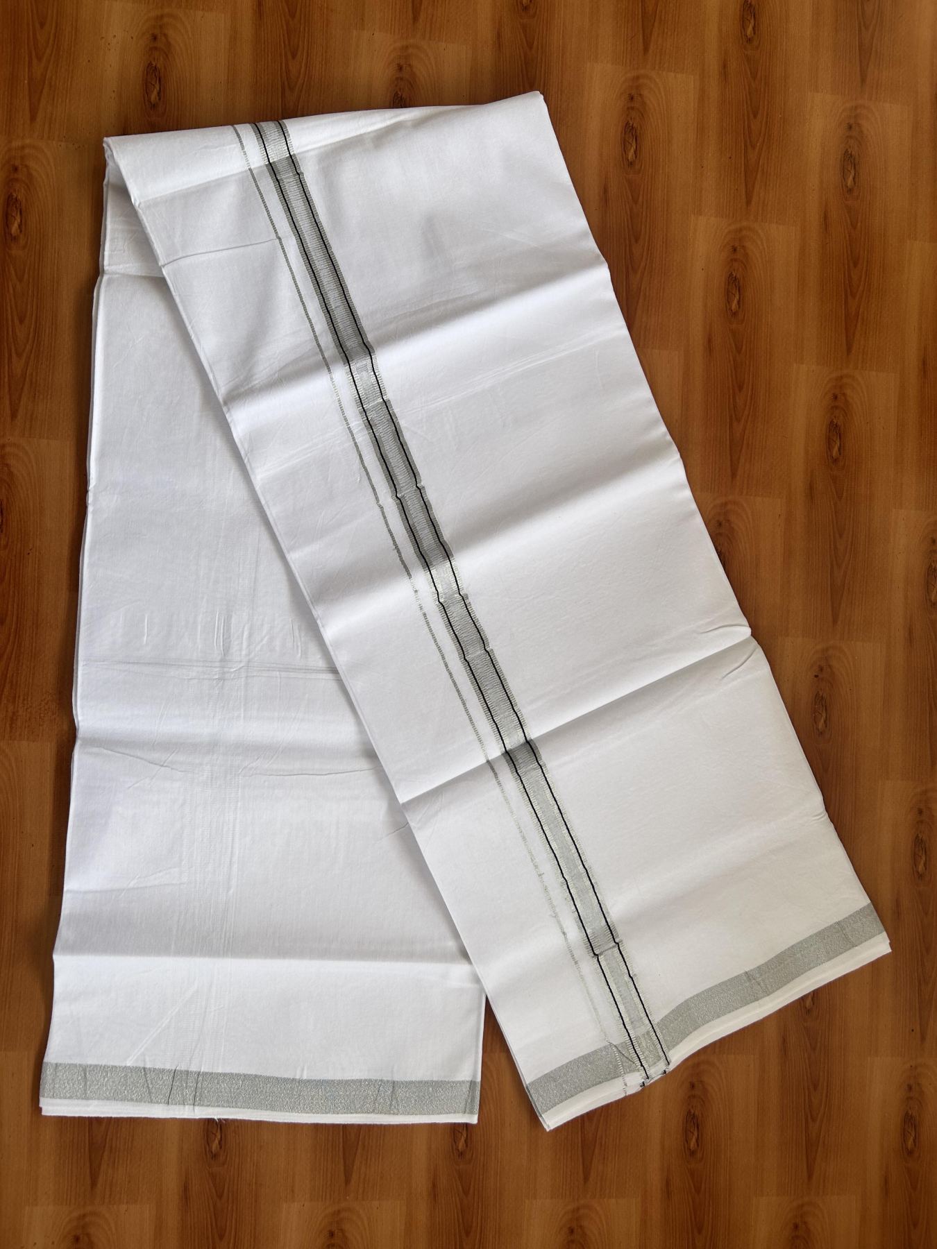 Single Mundu/Dhoti  - Pure white - 29% Discount !! KaithariKada Balaramapuram 100% Cotton - Twisted 60s Thread- 0.25 Inch Silver Kasav Black Striped Kara (2 meter / 4 muzham) - 57 KK5393 GL