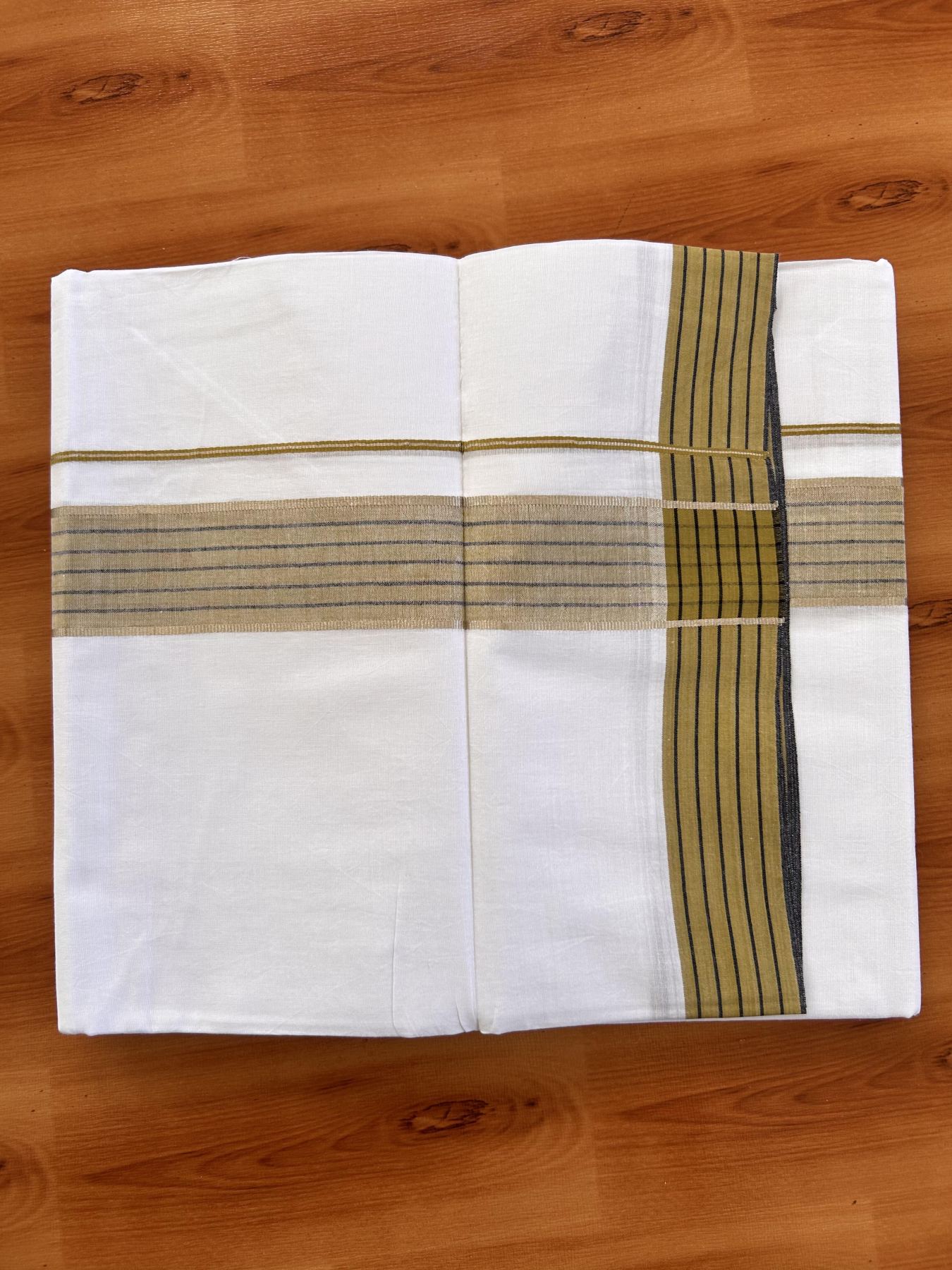 Pure White Double Mundu/Dothi - 20% Discount!! Kaitharikada Balaramapuram Pure Cotton -100x80 - 1.5 inch Silver Kasav & Sand Brown & Black Striped Kara - 3.90 m (8 muzham) - 3 KK5432 VAS