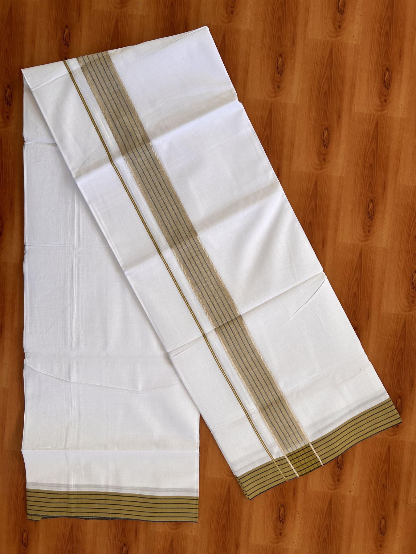 Pure White Double Mundu/Dothi - 20% Discount!! Kaitharikada Balaramapuram Pure Cotton -100x80 - 1.5 inch Silver Kasav & Sand Brown & Black Striped Kara - 3.90 m (8 muzham) - 3 KK5432 VAS