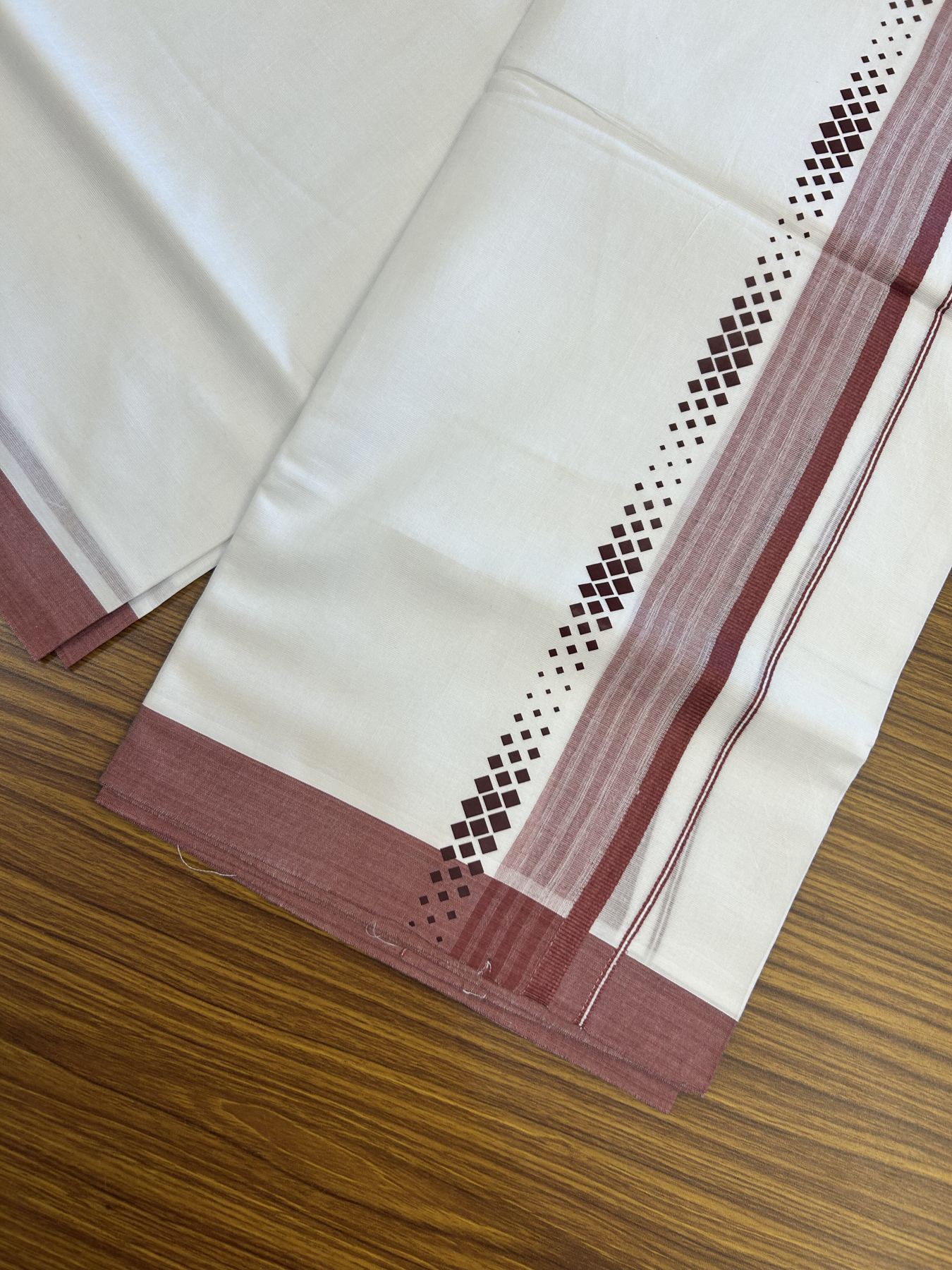 20% Discount ! KaithariKada Balaramapuram Cotton Double Pure white Mundu/Dhoti- 80s - 2.5 inch Light Maroon Printed Shade Stripes Design Kara - 3.65 mtr (8 muzham) - 20 KK5329 GAN