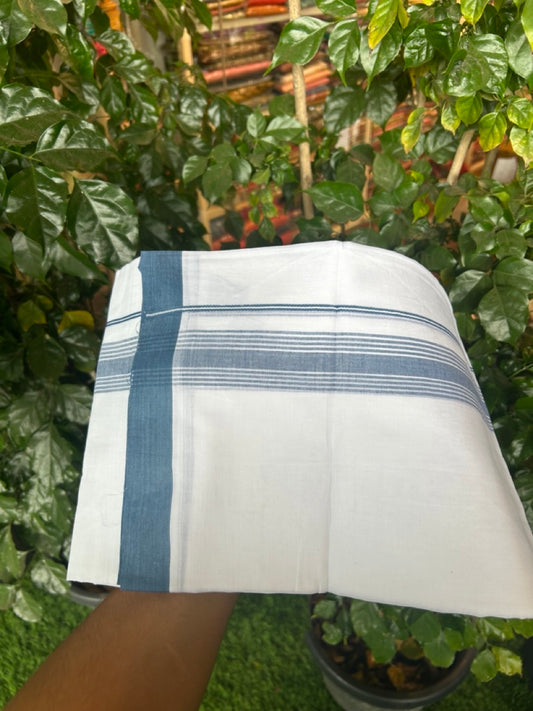 20% Discount ! Kaitharikada Balaramapuram 100% Cotton PURE WHITE Double Mundu/Dothi - 100x80 - 1.5 inch Blue Shaded Striped Kara 3.90 mtr (8 muzham) - 49 KK5294 THI