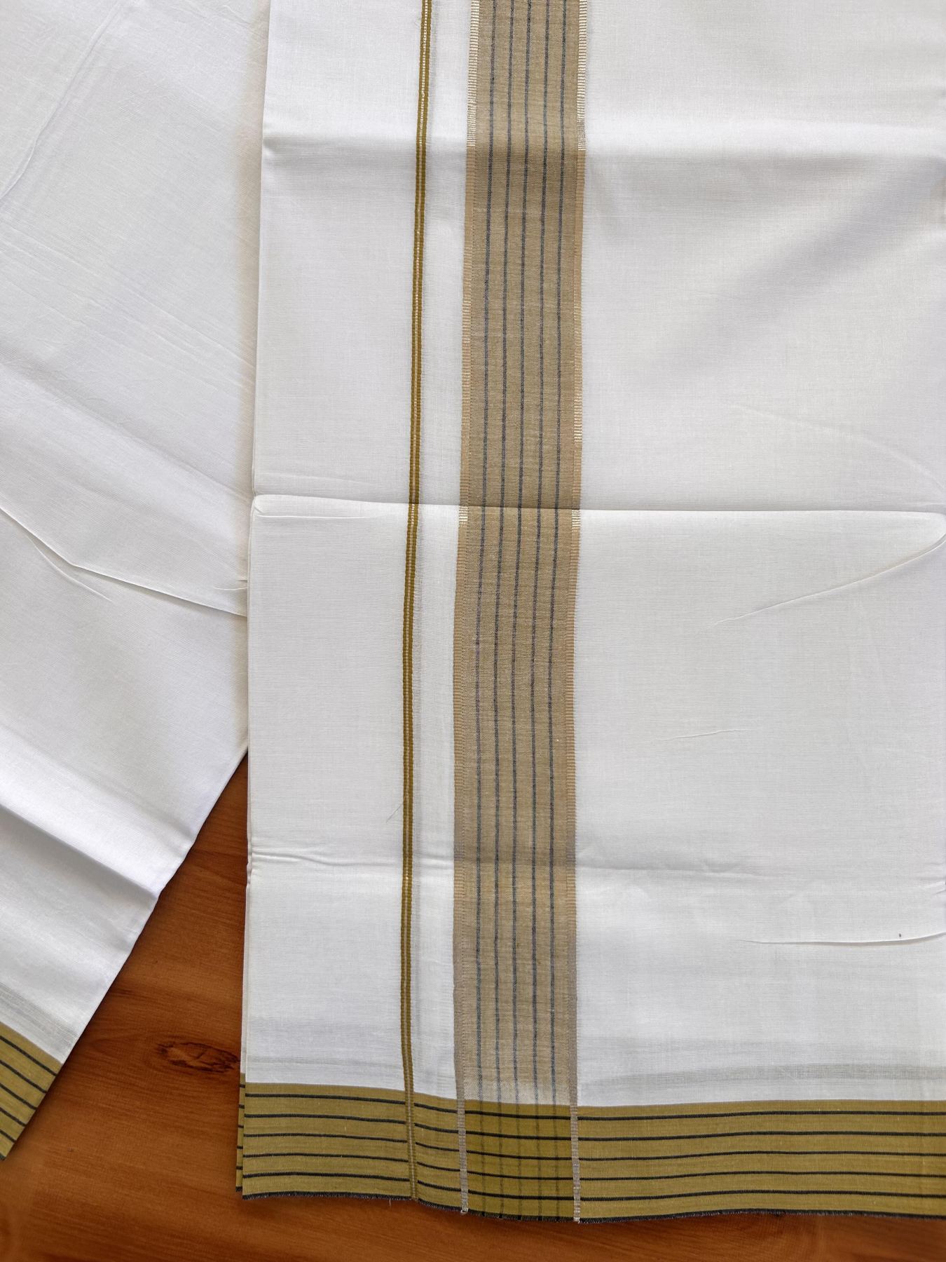 Pure White Double Mundu/Dothi - 20% Discount!! Kaitharikada Balaramapuram Pure Cotton -100x80 - 1.5 inch Silver Kasav & Sand Brown & Black Striped Kara - 3.90 m (8 muzham) - 3 KK5432 VAS