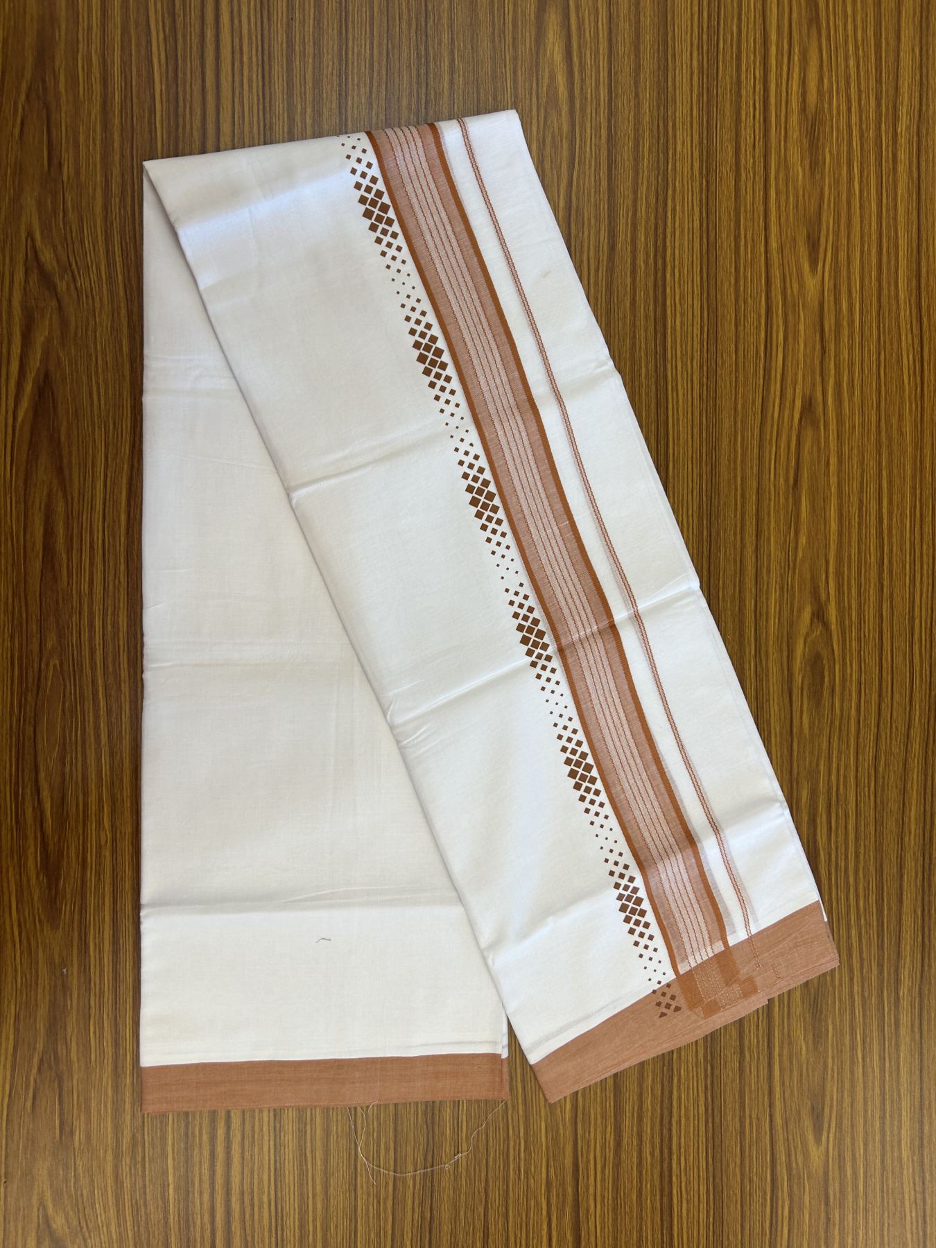 20% Discount ! KaithariKada Balaramapuram Cotton Double Pure white Mundu/Dhoti- 80s - 2.5 inch Brown Printed Shade Stripes Design Kara - 3.65 mtr (8 muzham) - 21 KK5329 GAN