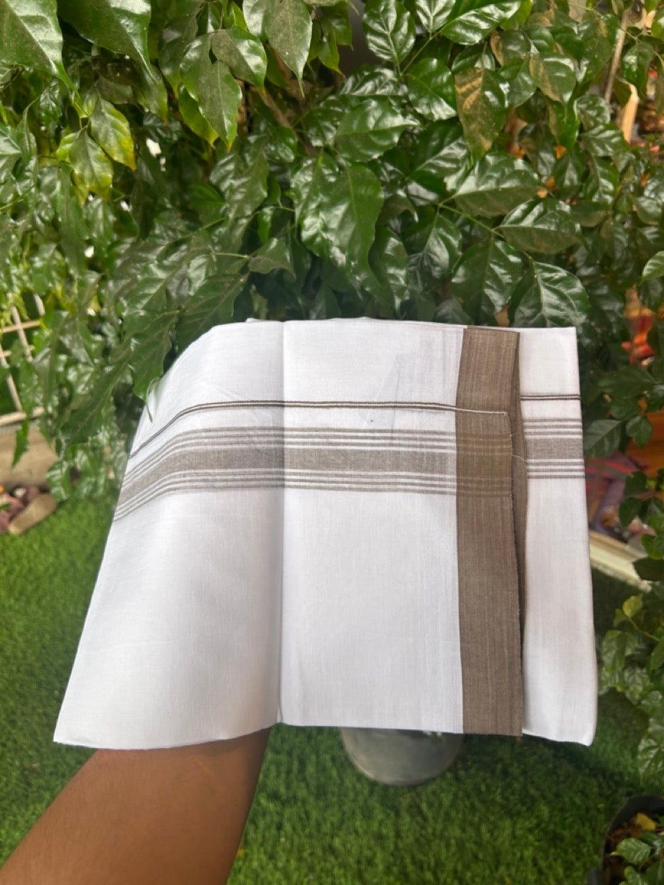 20% Discount ! Kaitharikada Balaramapuram 100% Cotton PURE WHITE Double Mundu/Dothi - 100x80 - 1.5 inch Brown Shaded Striped Kara 3.90 mtr (8 muzham) - 48 KK5294 THI
