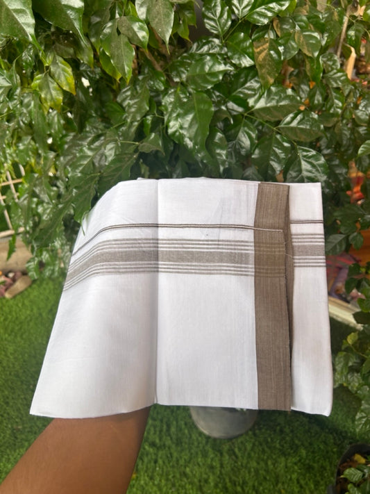 20% Discount ! Kaitharikada Balaramapuram 100% Cotton PURE WHITE Double Mundu/Dothi - 100x80 - 1.5 inch Brown Shaded Striped Kara 3.90 mtr (8 muzham) - 48 KK5294 THI