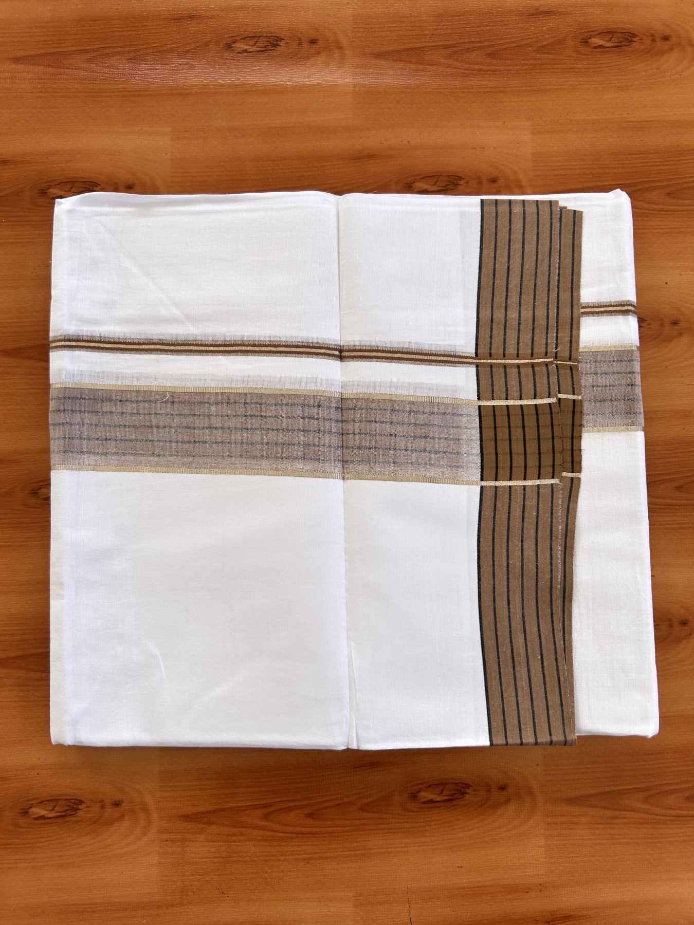 Pure White Double Mundu/Dothi - 20% Discount!! Kaitharikada Balaramapuram Pure Cotton -100x80 - 1.5 inch Silver Kasav & Brown & Black Striped Kara - 3.90 m (8 muzham) - 2 KK5432 VAS