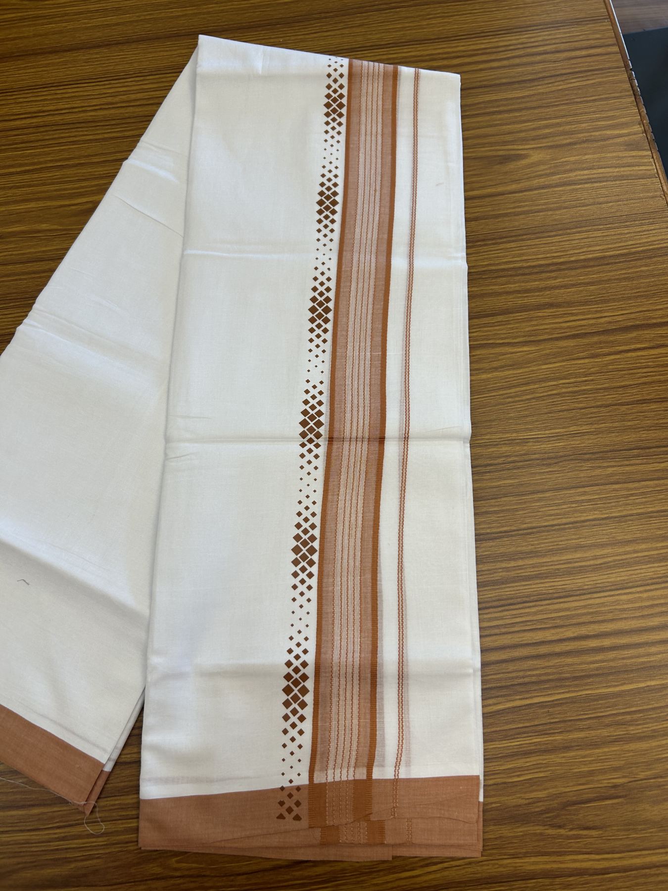 20% Discount ! KaithariKada Balaramapuram Cotton Double Pure white Mundu/Dhoti- 80s - 2.5 inch Brown Printed Shade Stripes Design Kara - 3.65 mtr (8 muzham) - 21 KK5329 GAN