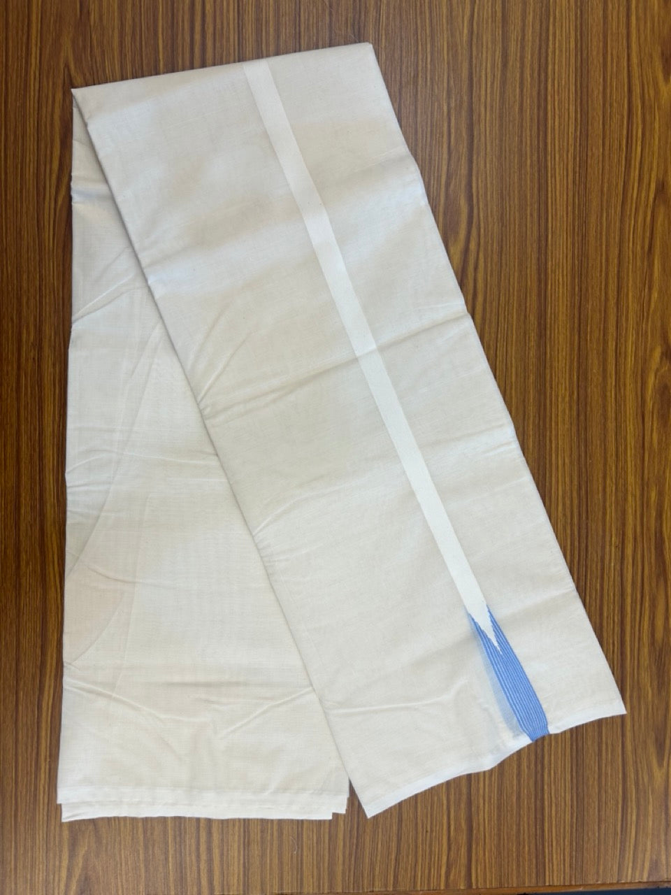 20% Discount ! KaithariKada Balaramapuram 100% Cotton Double Off White (Unbleached) Mundu/Dhoti- 100x100 - 0.75 inch Puliyilakkara Light Blue Striped Chutty Kara - 15 KK5257 ASH