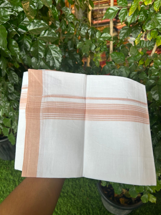 20% Discount ! Kaitharikada Balaramapuram 100% Cotton PURE WHITE Double Mundu/Dothi - 100x80 - 1.5 inch Light Peach Shaded Striped Kara 3.90 mtr (8 muzham) - 47 KK5294 THI