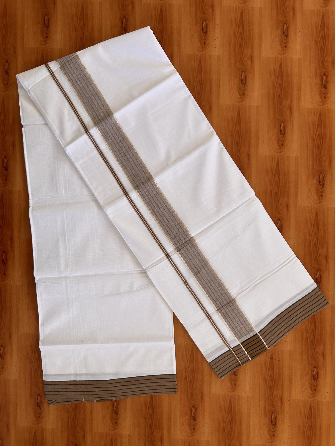 Pure White Double Mundu/Dothi - 20% Discount!! Kaitharikada Balaramapuram Pure Cotton -100x80 - 1.5 inch Silver Kasav & Brown & Black Striped Kara - 3.90 m (8 muzham) - 2 KK5432 VAS
