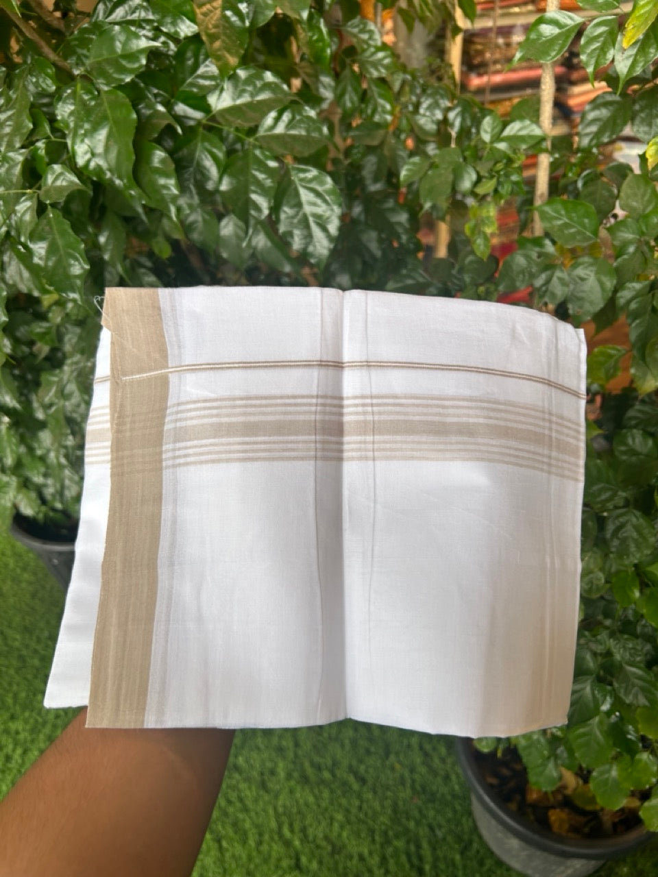 20% Discount ! Kaitharikada Balaramapuram 100% Cotton PURE WHITE Double Mundu/Dothi - 100x80 - 1.5 inch Beige Shaded Striped Kara 3.90 mtr (8 muzham) - 46 KK5294 THI