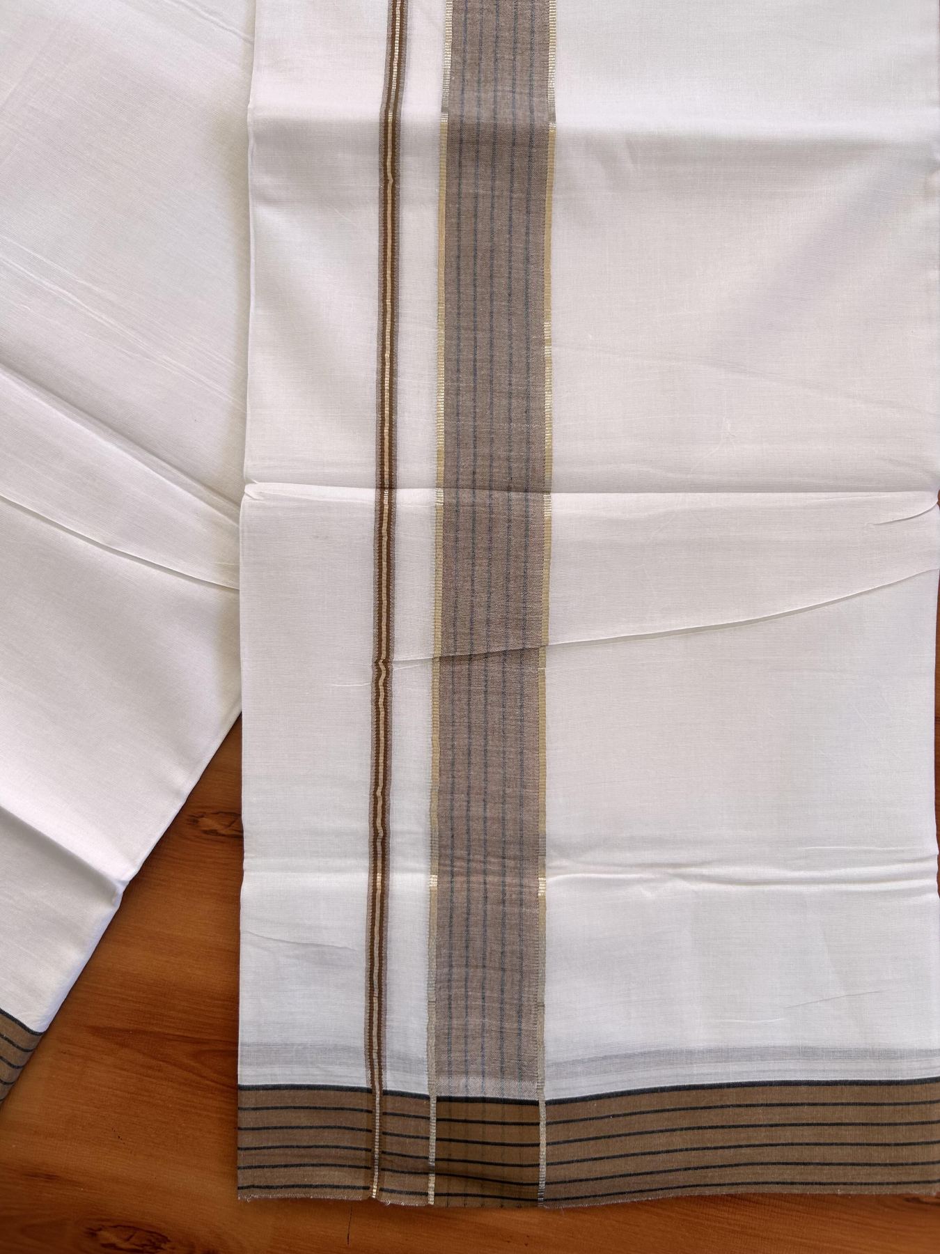 Pure White Double Mundu/Dothi - 20% Discount!! Kaitharikada Balaramapuram Pure Cotton -100x80 - 1.5 inch Silver Kasav & Brown & Black Striped Kara - 3.90 m (8 muzham) - 2 KK5432 VAS