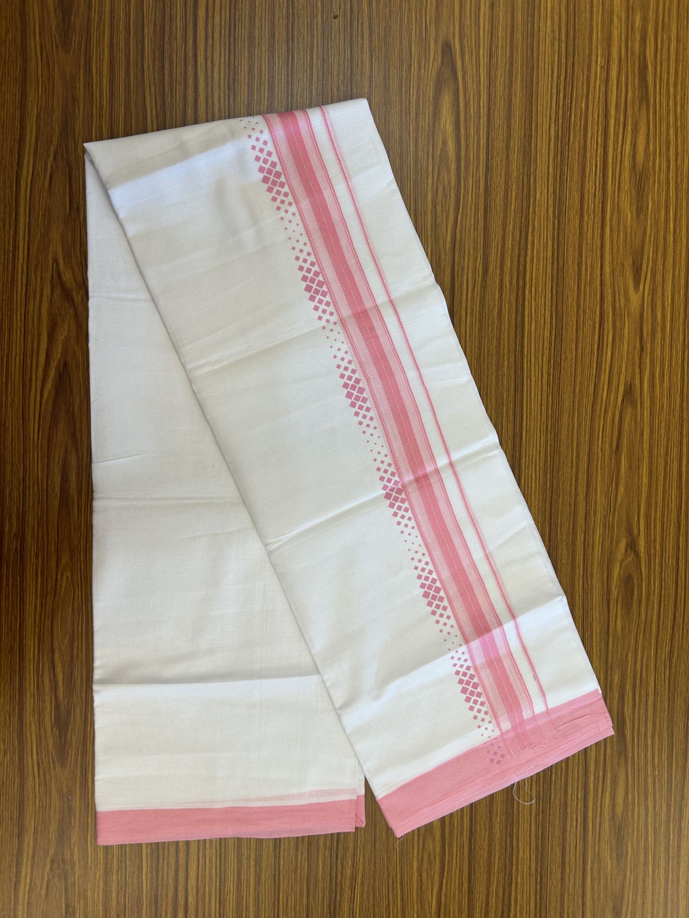 20% Discount ! KaithariKada Balaramapuram Cotton Double Pure white Mundu/Dhoti- 80s - 2.5 inch Baby Pink Printed Shade Stripes Design Kara - 3.65 mtr (8 muzham) - 22 KK5329 GAN