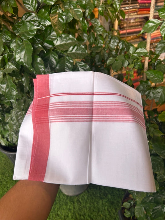 20% Discount ! Kaitharikada Balaramapuram 100% Cotton PURE WHITE Double Mundu/Dothi - 100x80 - 1.5 inch Peach Shaded Striped Kara 3.90 mtr (8 muzham) - 45 KK5294 THI