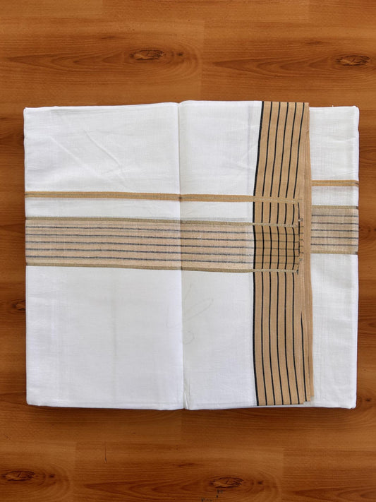 Pure White Double Mundu/Dothi - 20% Discount!! Kaitharikada Balaramapuram Pure Cotton -100x80 - 1.5 inch Silver Kasav & Peach & Black Striped Kara - 3.90 m (8 muzham) - 1 KK5433 VAS