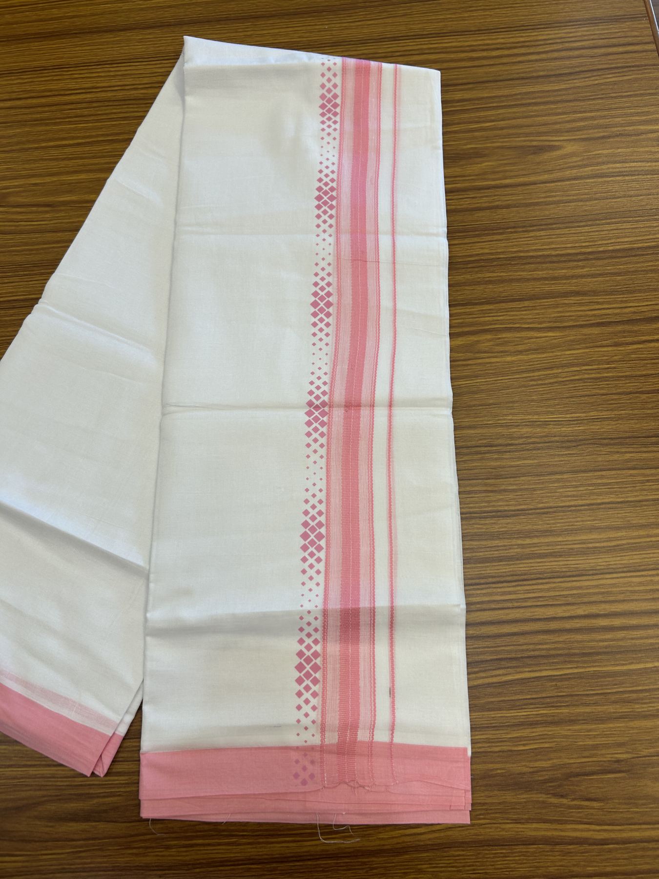 20% Discount ! KaithariKada Balaramapuram Cotton Double Pure white Mundu/Dhoti- 80s - 2.5 inch Baby Pink Printed Shade Stripes Design Kara - 3.65 mtr (8 muzham) - 22 KK5329 GAN