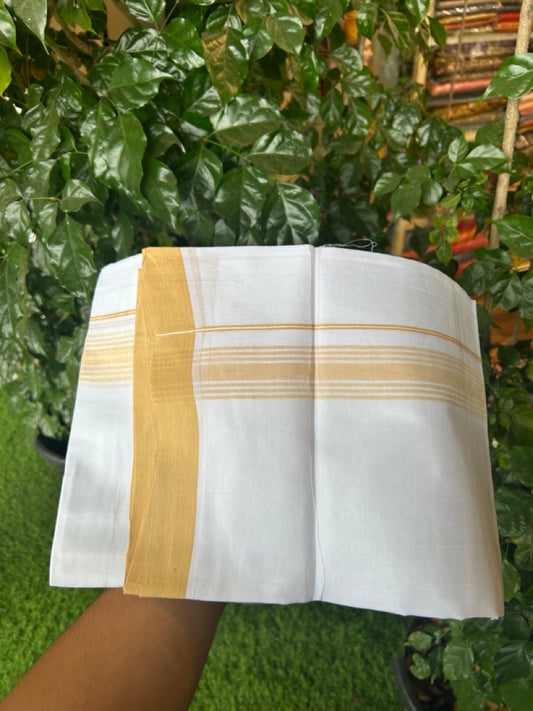 20% Discount ! Kaitharikada Balaramapuram 100% Cotton PURE WHITE Double Mundu/Dothi - 100x80 - 1.5 inch Mustard Yellow Shaded Striped Kara 3.90 mtr (8 muzham) - 43 KK5294 THI