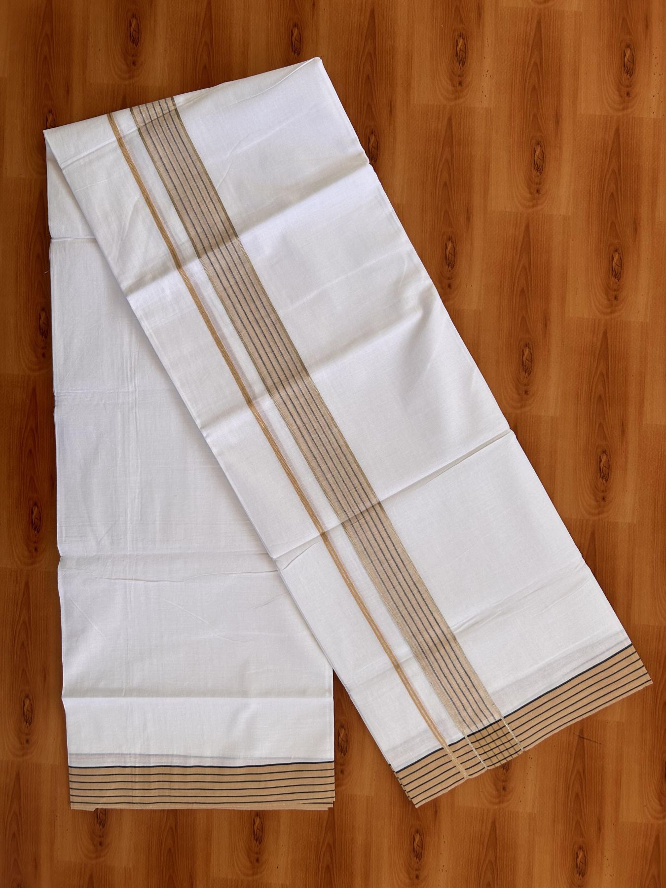 Pure White Double Mundu/Dothi - 20% Discount!! Kaitharikada Balaramapuram Pure Cotton -100x80 - 1.5 inch Silver Kasav & Peach & Black Striped Kara - 3.90 m (8 muzham) - 1 KK5432 VAS