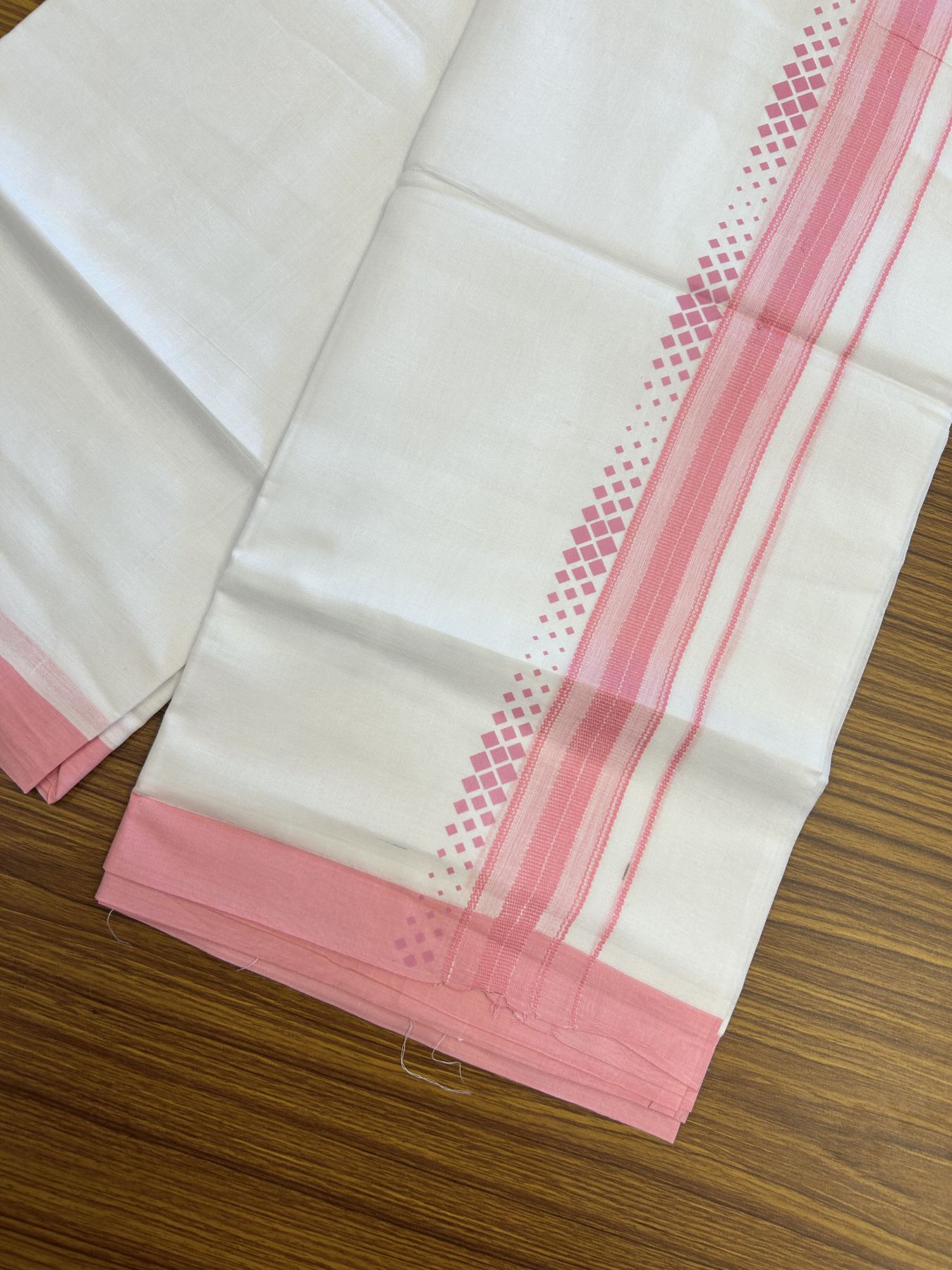 20% Discount ! KaithariKada Balaramapuram Cotton Double Pure white Mundu/Dhoti- 80s - 2.5 inch Baby Pink Printed Shade Stripes Design Kara - 3.65 mtr (8 muzham) - 22 KK5329 GAN