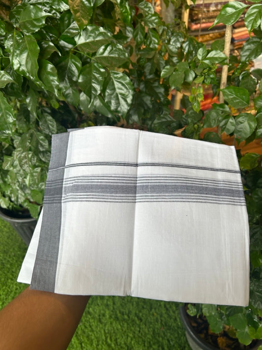20% Discount ! Kaitharikada Balaramapuram 100% Cotton PURE WHITE Double Mundu/Dothi - 100x80 - 1.5 inch Ash Black Shaded Striped Kara 3.90 mtr (8 muzham) - 41 KK5294 THI