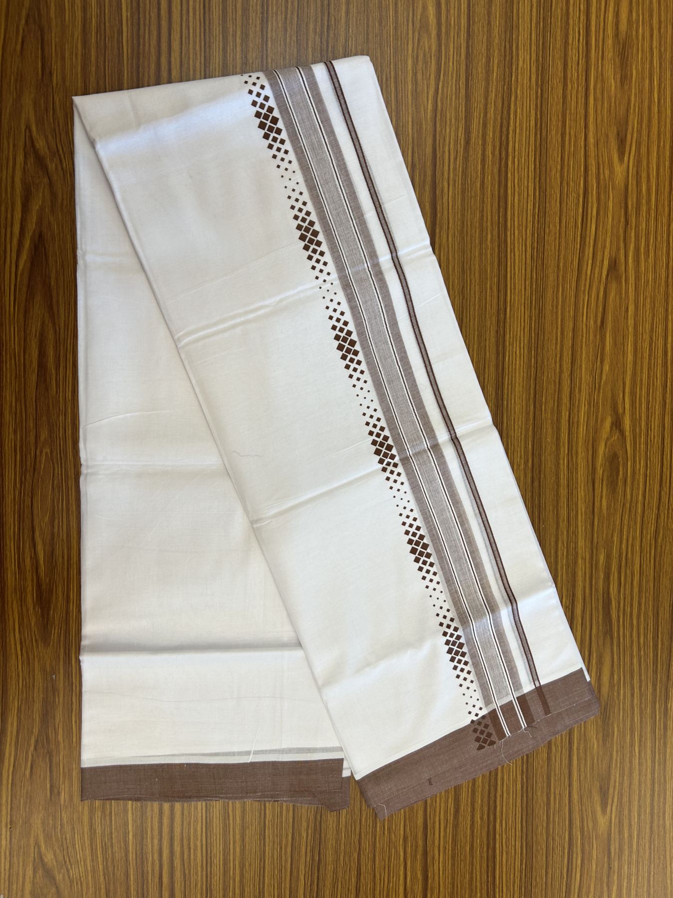 20% Discount ! KaithariKada Balaramapuram Cotton Double Pure white Mundu/Dhoti- 80s - 2.5 inch Walnut Brown Printed Shade Stripes Design Kara - 3.65 mtr (8 muzham) - 16 KK5329 GAN