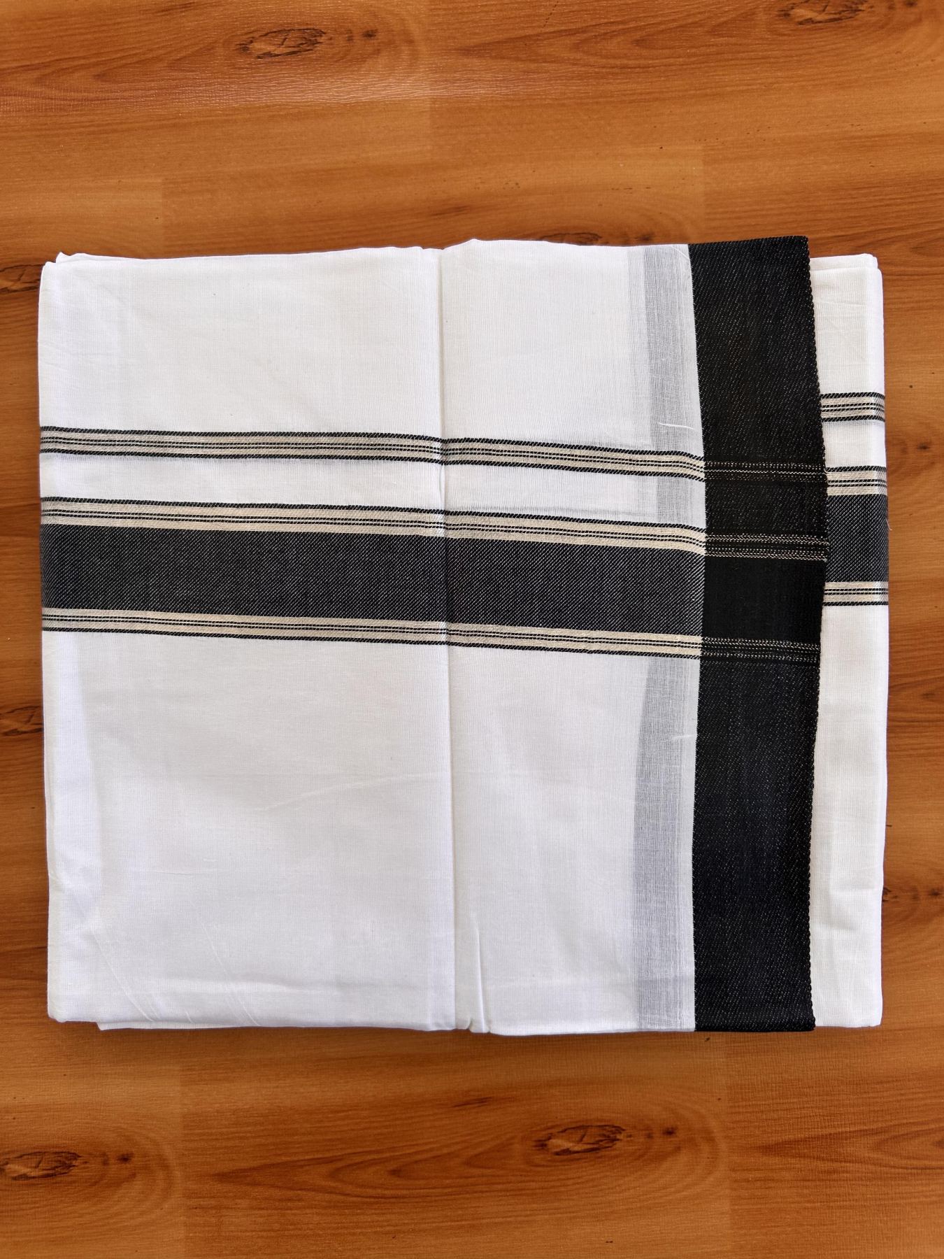 Pure White Double Mundu/Dothi - 20% Discount!! Kaitharikada Balaramapuram Pure Cotton -100x80 - 1.5 inch Silver Kasav & Navy Blue Striped Kara - 3.90 m (8 muzham) - 6 KK5433 VAS