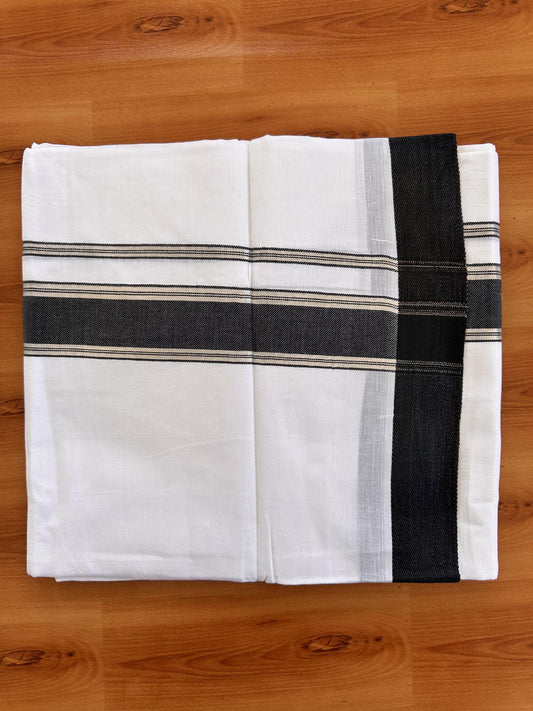 Pure White Double Mundu/Dothi - 20% Discount!! Kaitharikada Balaramapuram Pure Cotton -100x80 - 1.5 inch Silver Kasav & Navy Blue Striped Kara - 3.90 m (8 muzham) - 6 KK5433 VAS