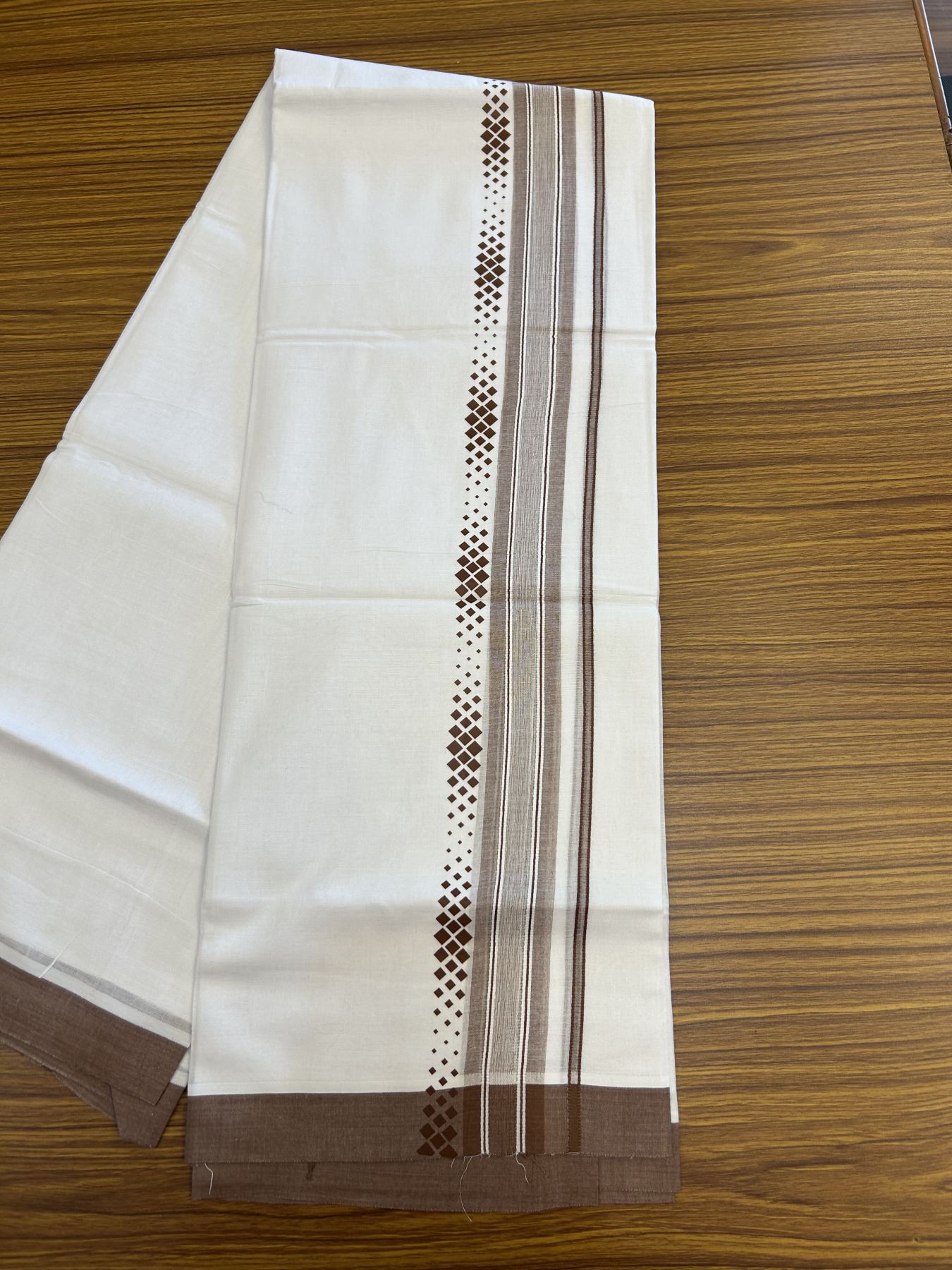 20% Discount ! KaithariKada Balaramapuram Cotton Double Pure white Mundu/Dhoti- 80s - 2.5 inch Walnut Brown Printed Shade Stripes Design Kara - 3.65 mtr (8 muzham) - 16 KK5329 GAN