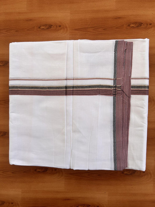 Pure White Double Mundu/Dothi - 20% Discount!! Kaitharikada Balaramapuram Pure Cotton -100x80 - 0.75 inch Silver Kasav & Dusty Pink & Black Striped Kara - 3.90 m (8 muzham) - 5 KK5433 VAS