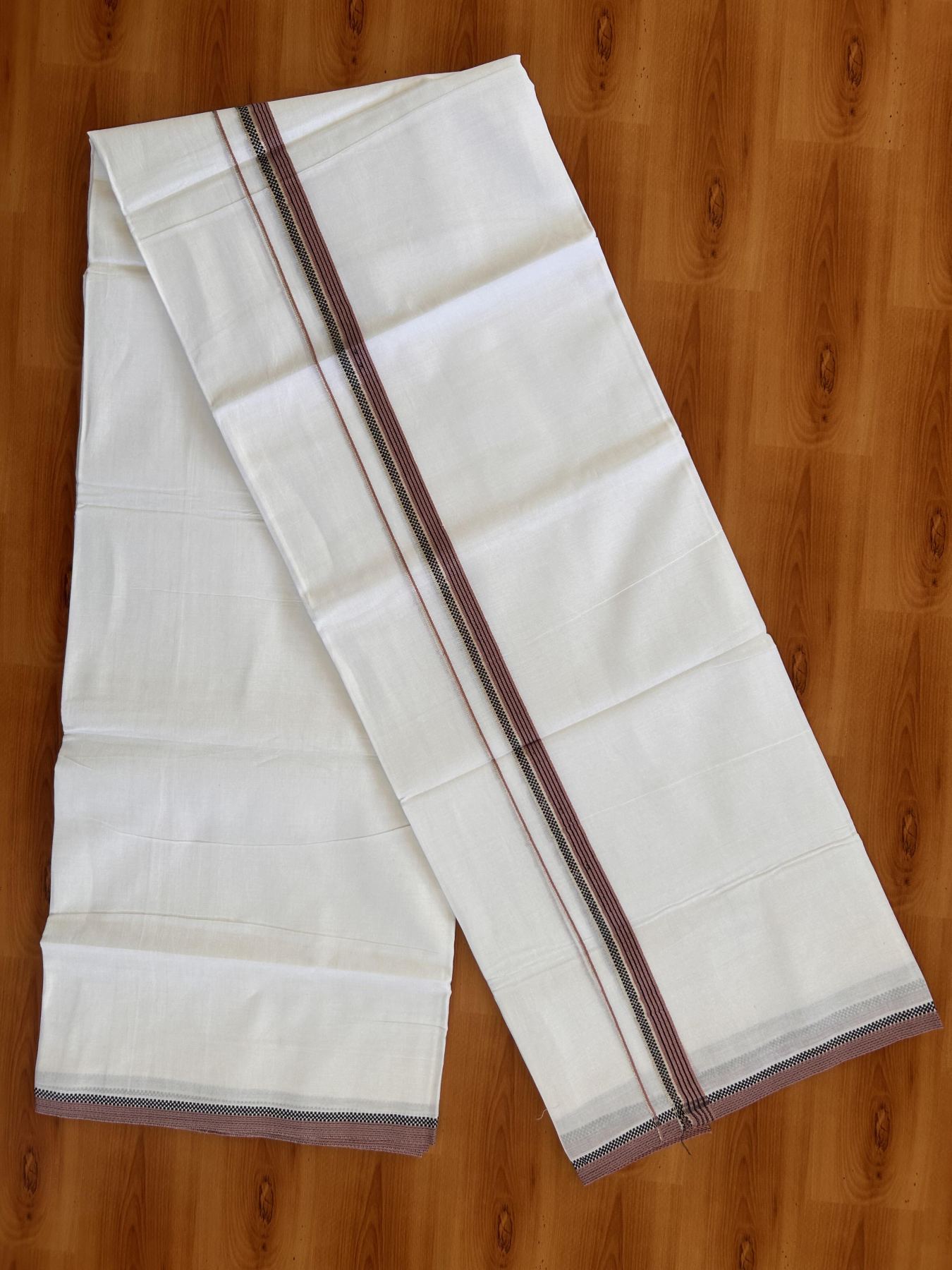 Pure White Double Mundu/Dothi - 20% Discount!! Kaitharikada Balaramapuram Pure Cotton -100x80 - 0.75 inch Silver Kasav & Dusty Pink & Black Striped Kara - 3.90 m (8 muzham) - 5 KK5433 VAS