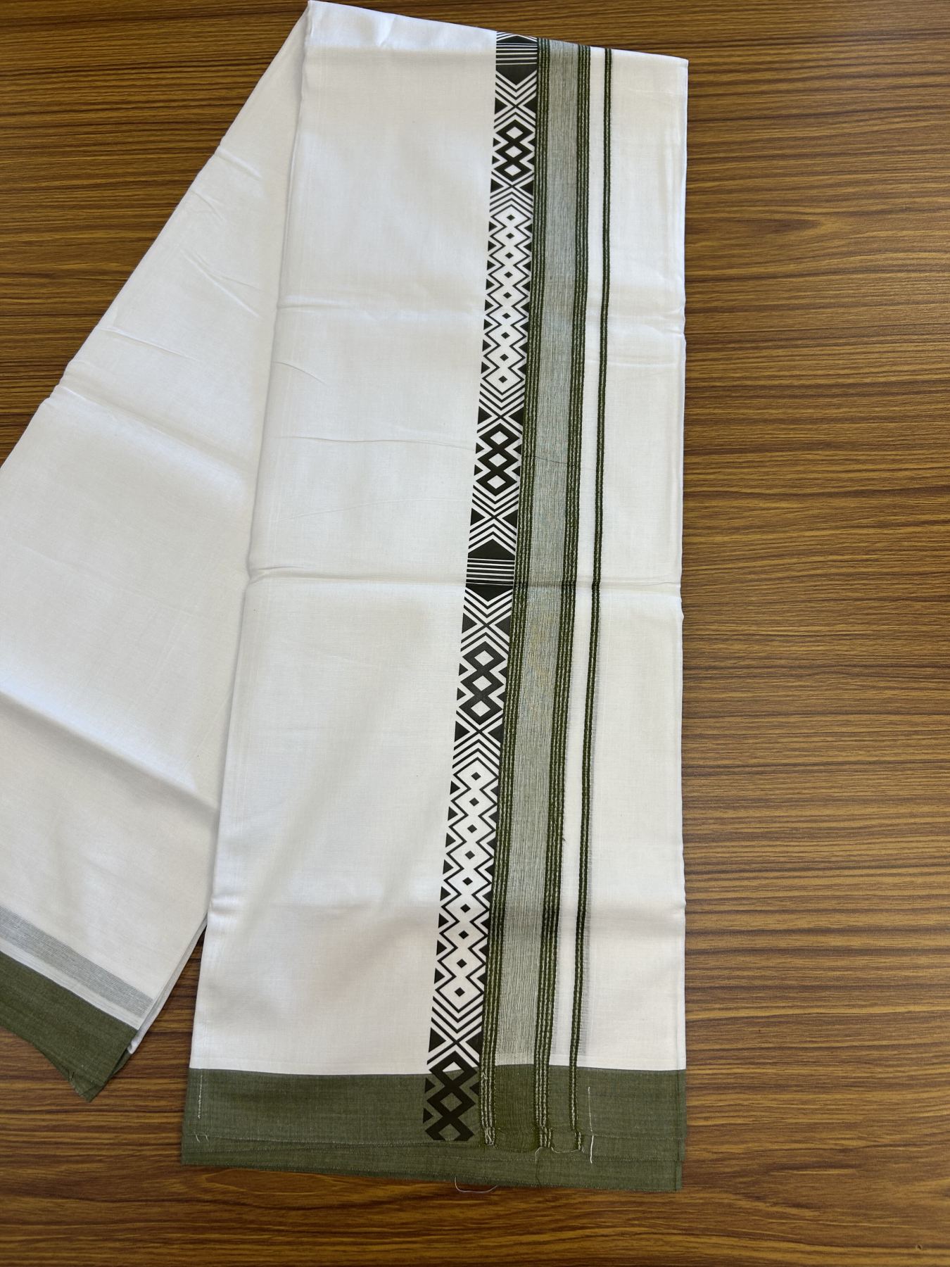 20% Discount ! KaithariKada Balaramapuram Cotton Double Pure white Mundu/Dhoti- 80s - 2.5 inch Olive Green Printed Shade Stripes Design Kara - 3.65 mtr (8 muzham) - 53 KK5329 GAN