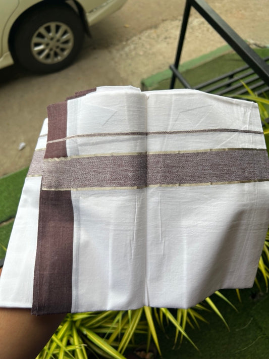 20% Discount !! KaithariKada Balaramapuram Double PURE WHITE Mundu/Dhoti- 100x80 - 1.75 inch Brown Shaded Kara Silver Striped kara - 31KK5143PMC