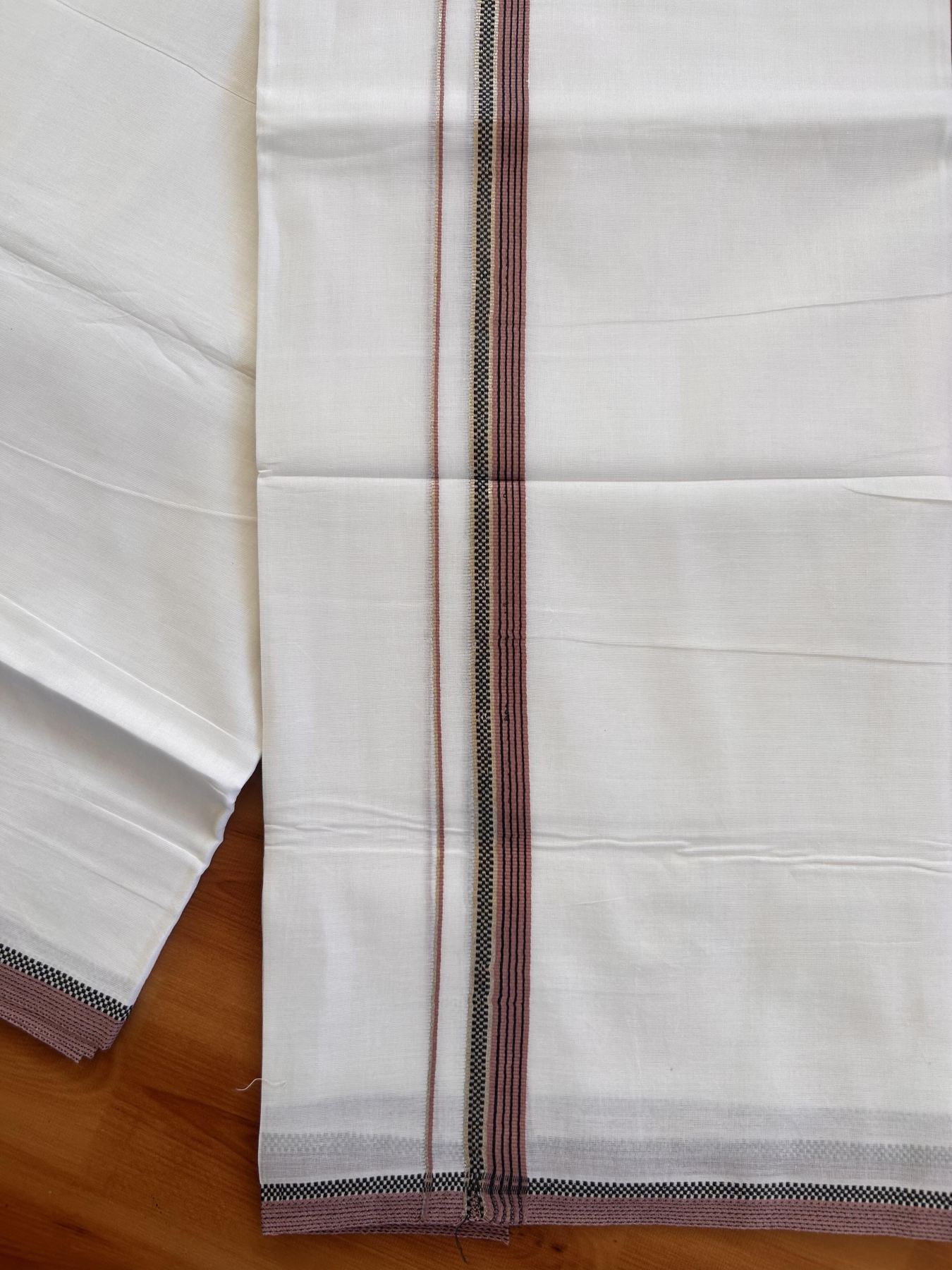 Pure White Double Mundu/Dothi - 20% Discount!! Kaitharikada Balaramapuram Pure Cotton -100x80 - 0.75 inch Silver Kasav & Dusty Pink & Black Striped Kara - 3.90 m (8 muzham) - 5 KK5433 VAS