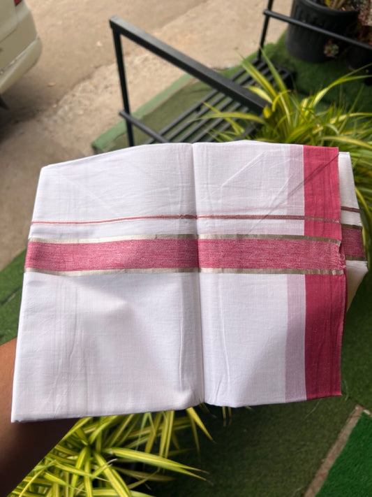 20% Discount !! KaithariKada Balaramapuram Double PURE WHITE Mundu/Dhoti- 100x80 - 1.5 inch Dark Pink Shaded Kara Silver Striped kara - 30KK5143PMC