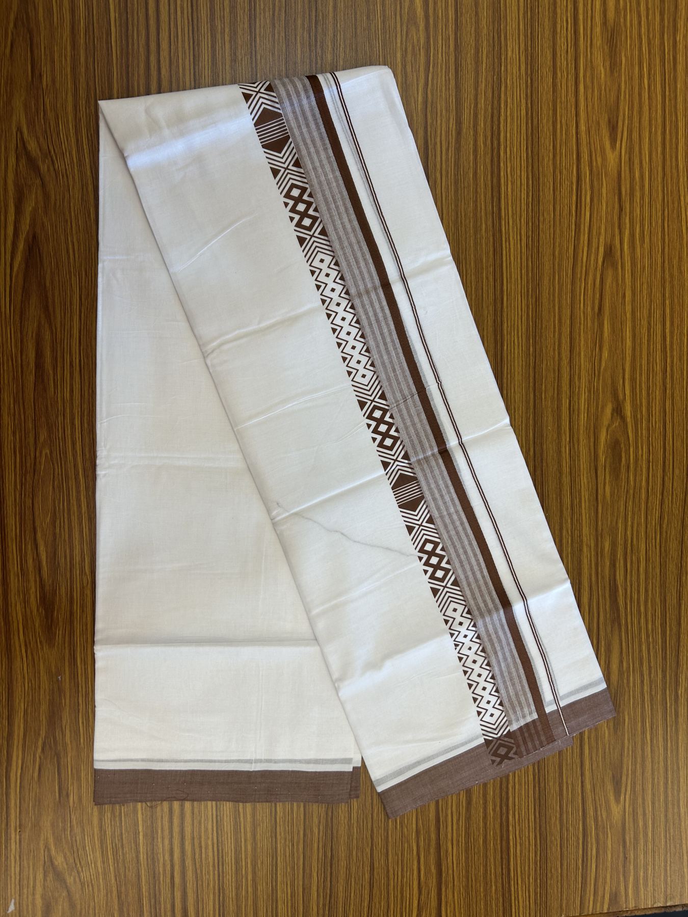 20% Discount ! KaithariKada Balaramapuram Cotton Double Pure white Mundu/Dhoti- 80s - 2.5 inch Walnut Brown Printed Shade Stripes Design Kara - 3.65 mtr (8 muzham) - 51 KK5329 GAN