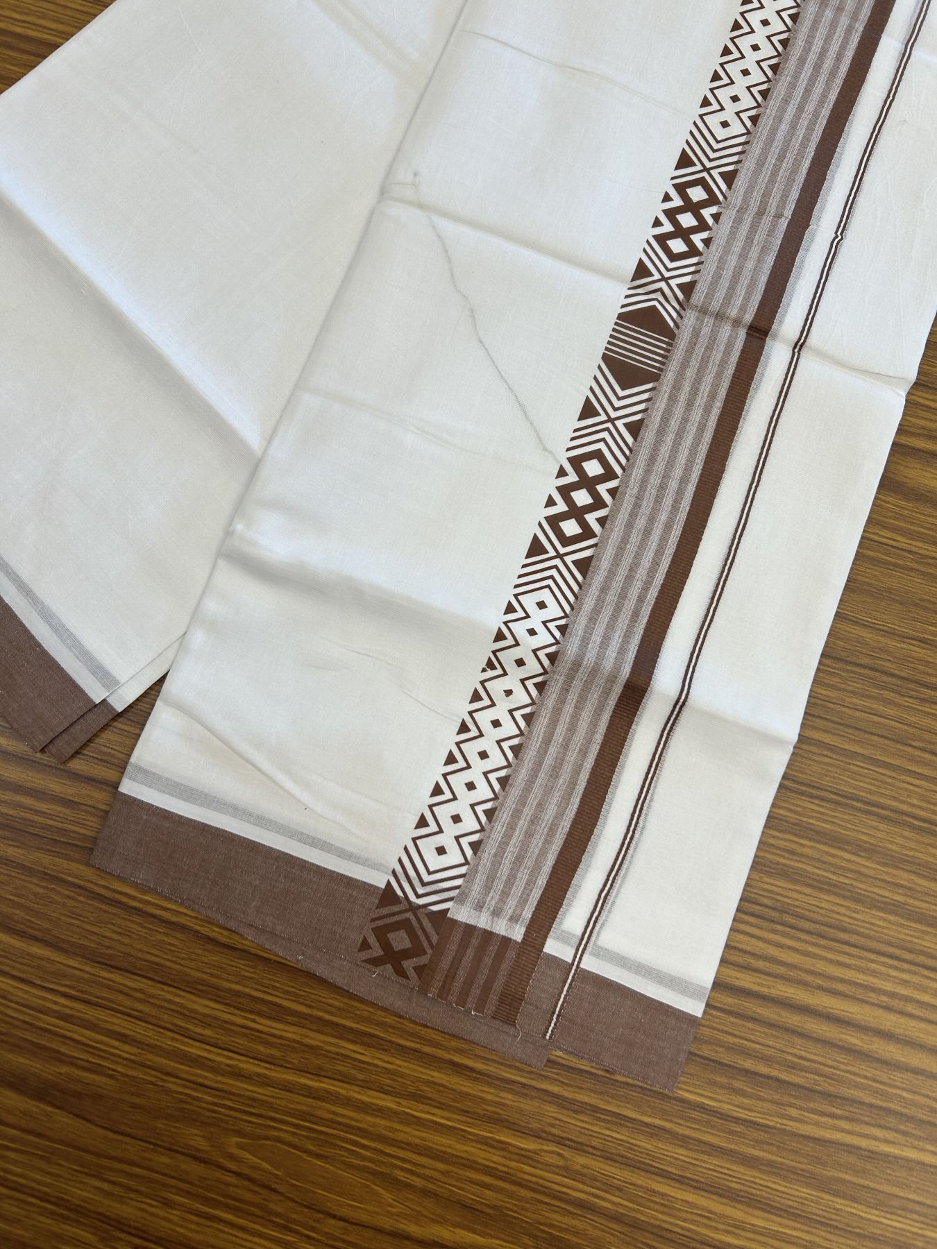 20% Discount ! KaithariKada Balaramapuram Cotton Double Pure white Mundu/Dhoti- 80s - 2.5 inch Walnut Brown Printed Shade Stripes Design Kara - 3.65 mtr (8 muzham) - 51 KK5329 GAN
