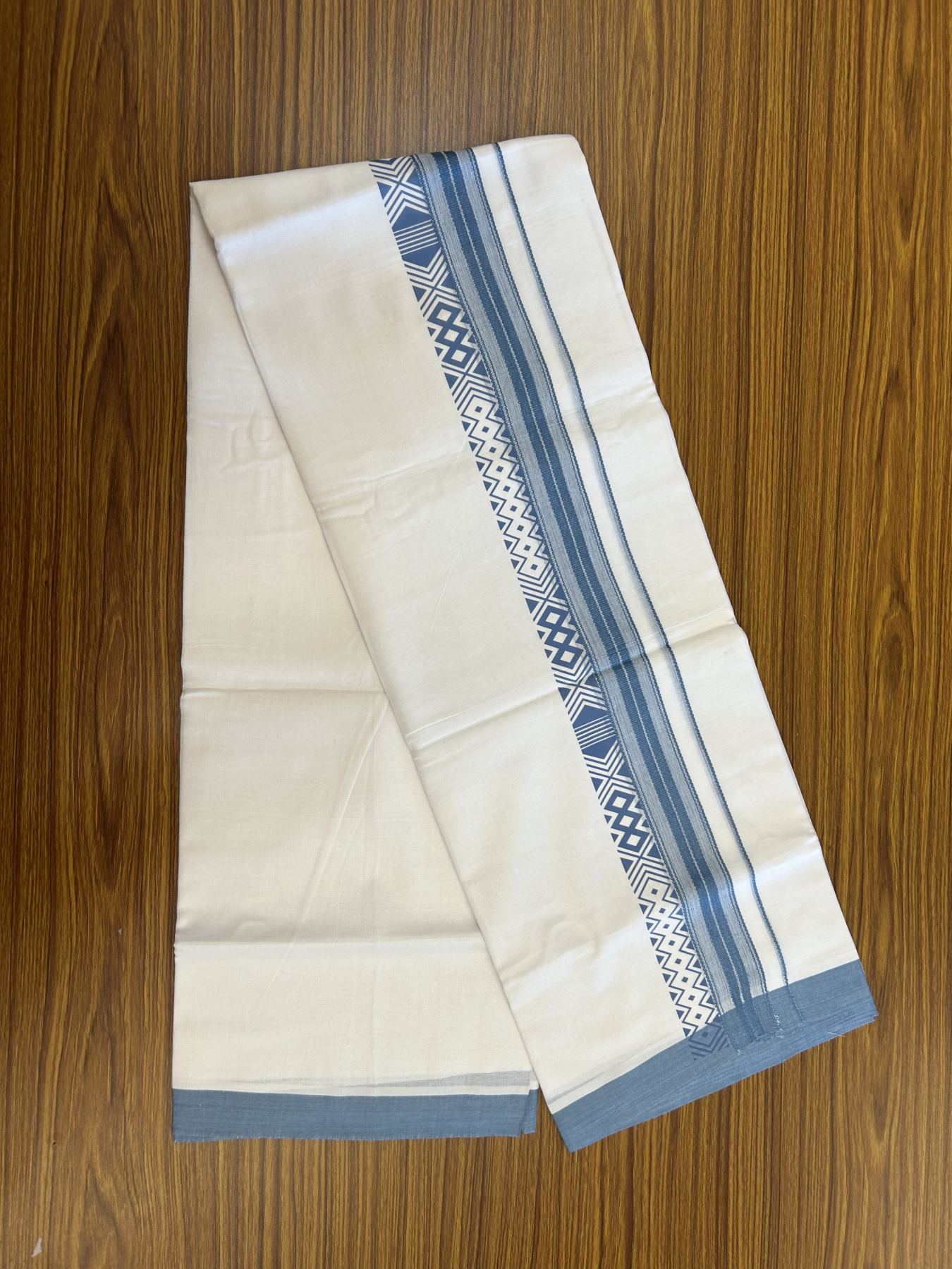 20% Discount ! KaithariKada Balaramapuram Cotton Double Pure white Mundu/Dhoti- 80s - 2.5 inch Ash Blue Printed Shade Stripes Design Kara - 3.65 mtr (8 muzham) - 57 KK5329 GAN