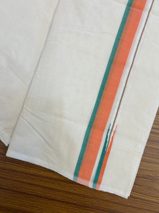 BJP VESHTI - 20% DISCOUNT! KaithariKada 100% Cotton off white Double - (Unbleached) Mundu/Dhoti - 100X100 - 1.25 inch Puliyilakkara Orange & Green Shaded Chutty Kara - 18 KK5257 ASH