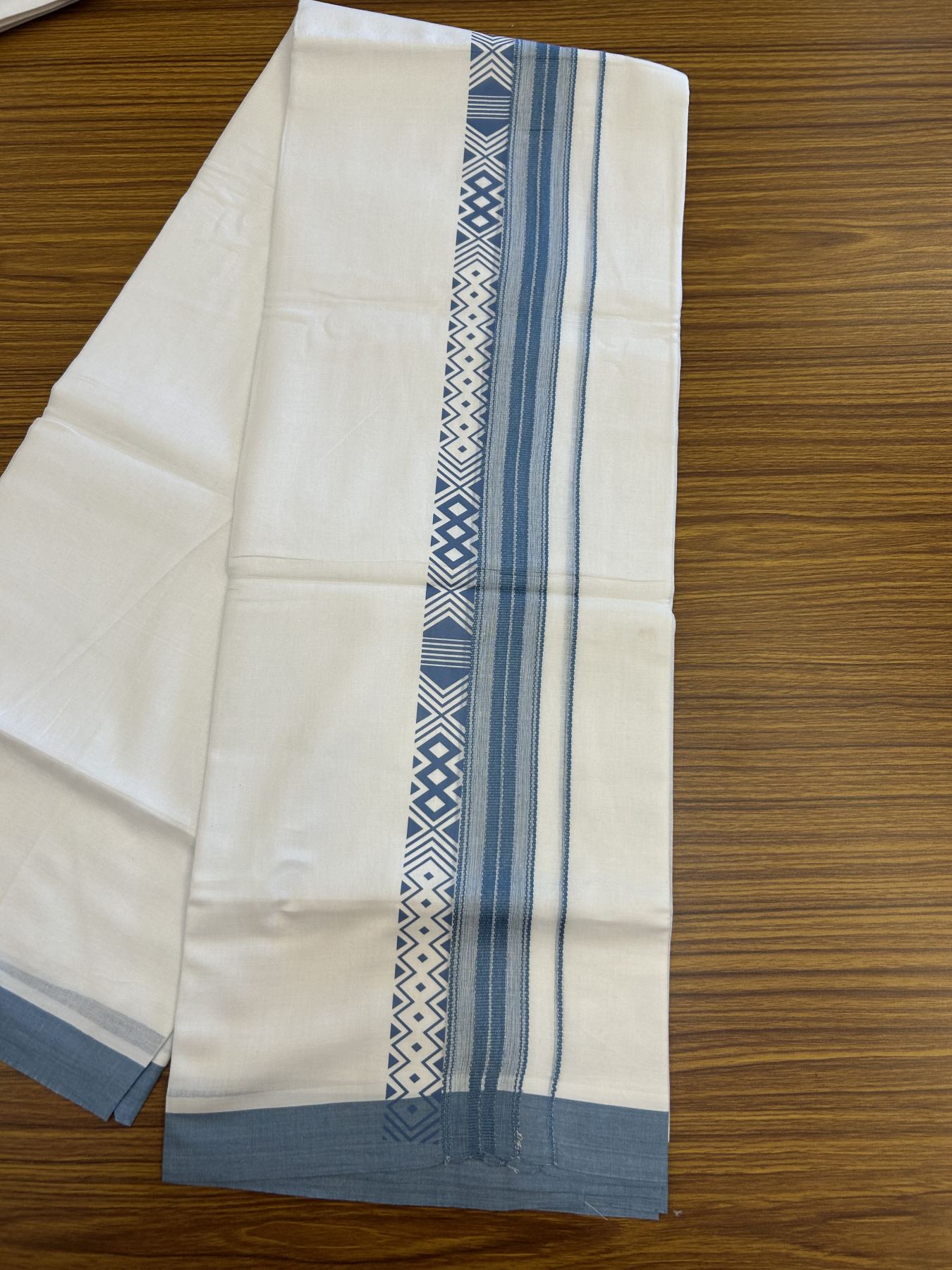 20% Discount ! KaithariKada Balaramapuram Cotton Double Pure white Mundu/Dhoti- 80s - 2.5 inch Ash Blue Printed Shade Stripes Design Kara - 3.65 mtr (8 muzham) - 57 KK5329 GAN