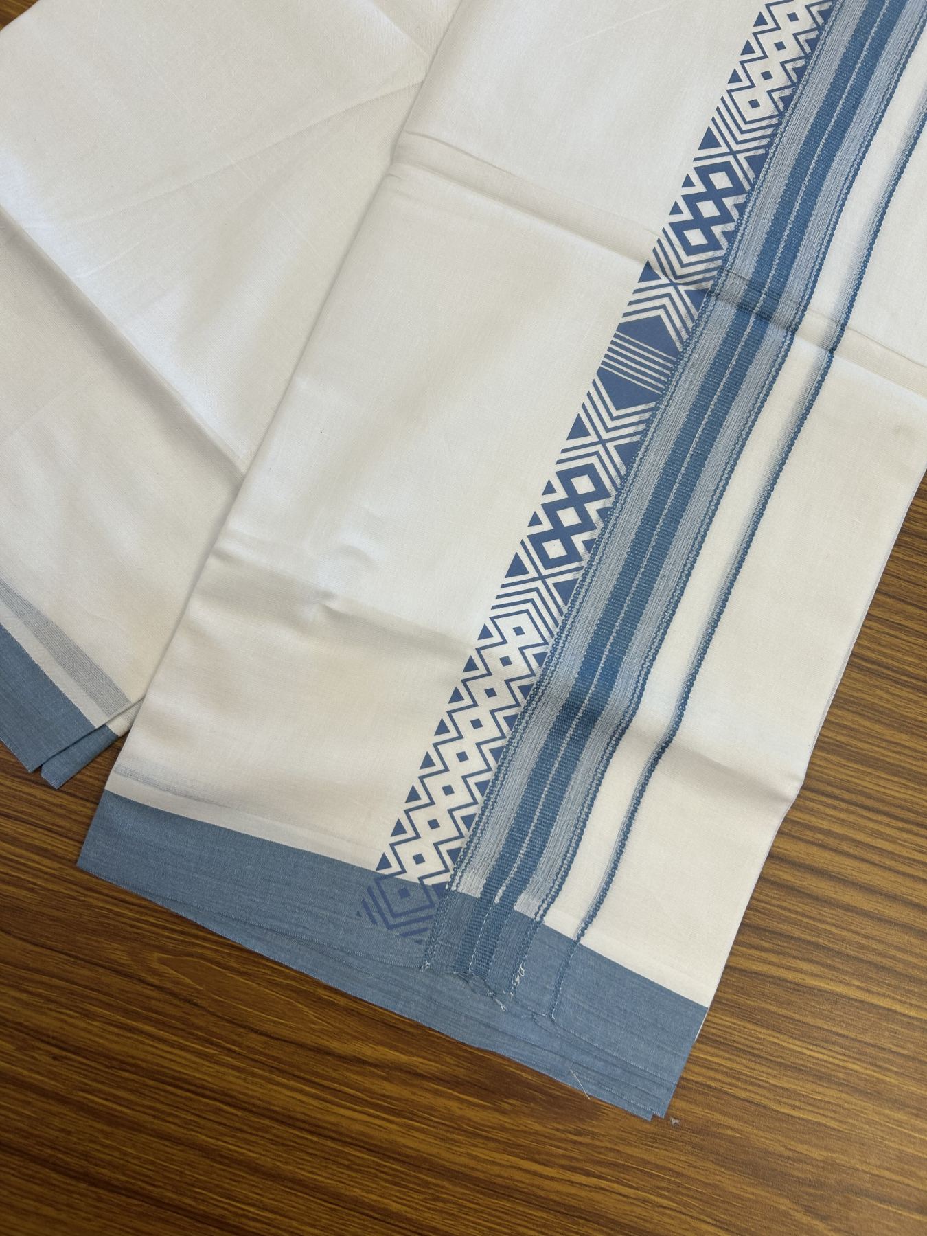 20% Discount ! KaithariKada Balaramapuram Cotton Double Pure white Mundu/Dhoti- 80s - 2.5 inch Ash Blue Printed Shade Stripes Design Kara - 3.65 mtr (8 muzham) - 57 KK5329 GAN