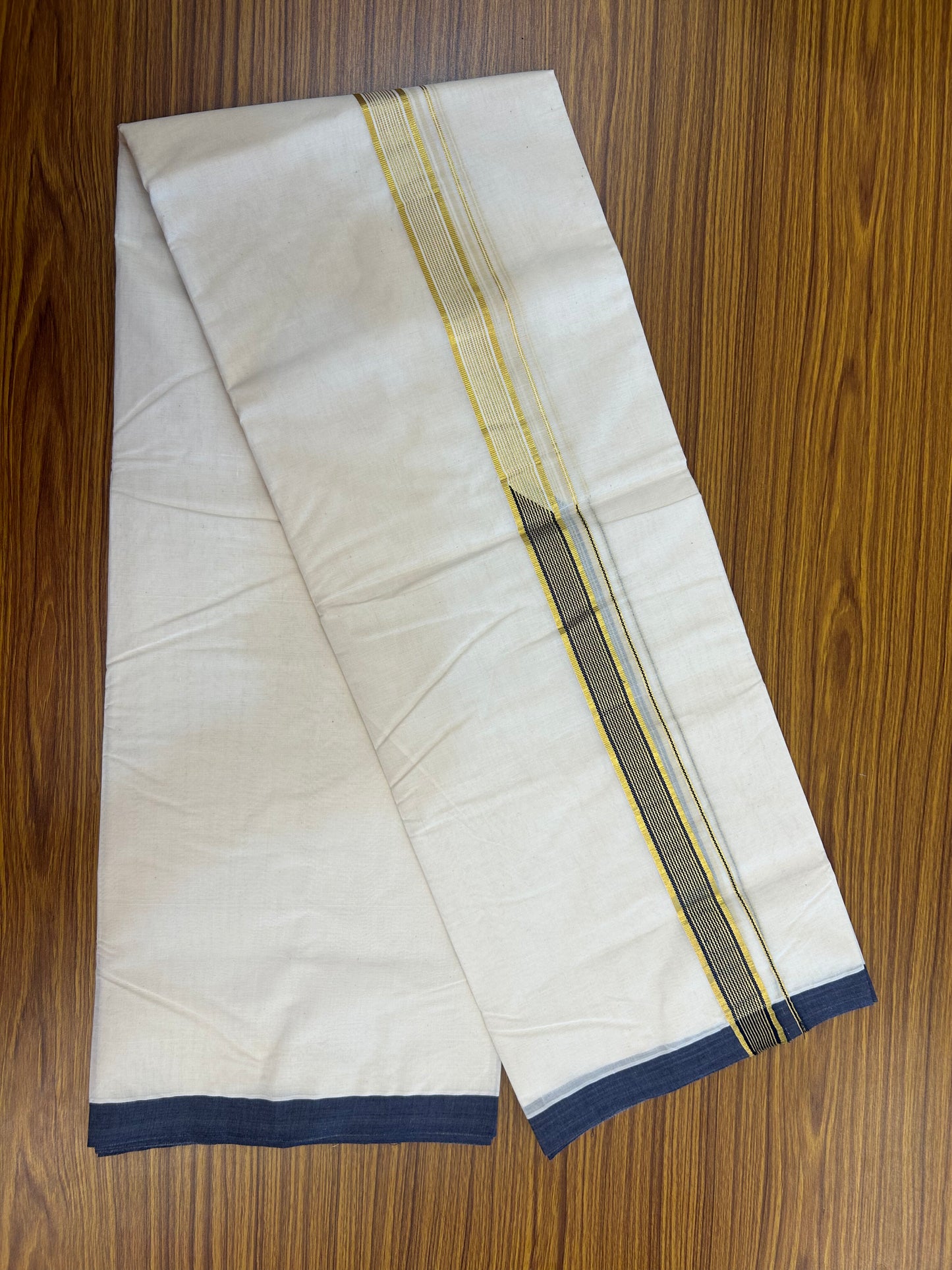 20% DISCOUNT! KaithariKada Balaramapuram 100% Cotton Double Off white - (Unbleached) Mundu/Dhoti-100x100 Chutty Heavy Designer Navy Blue & Kasavu 1.25 inch Kara- 1KK5088ASH