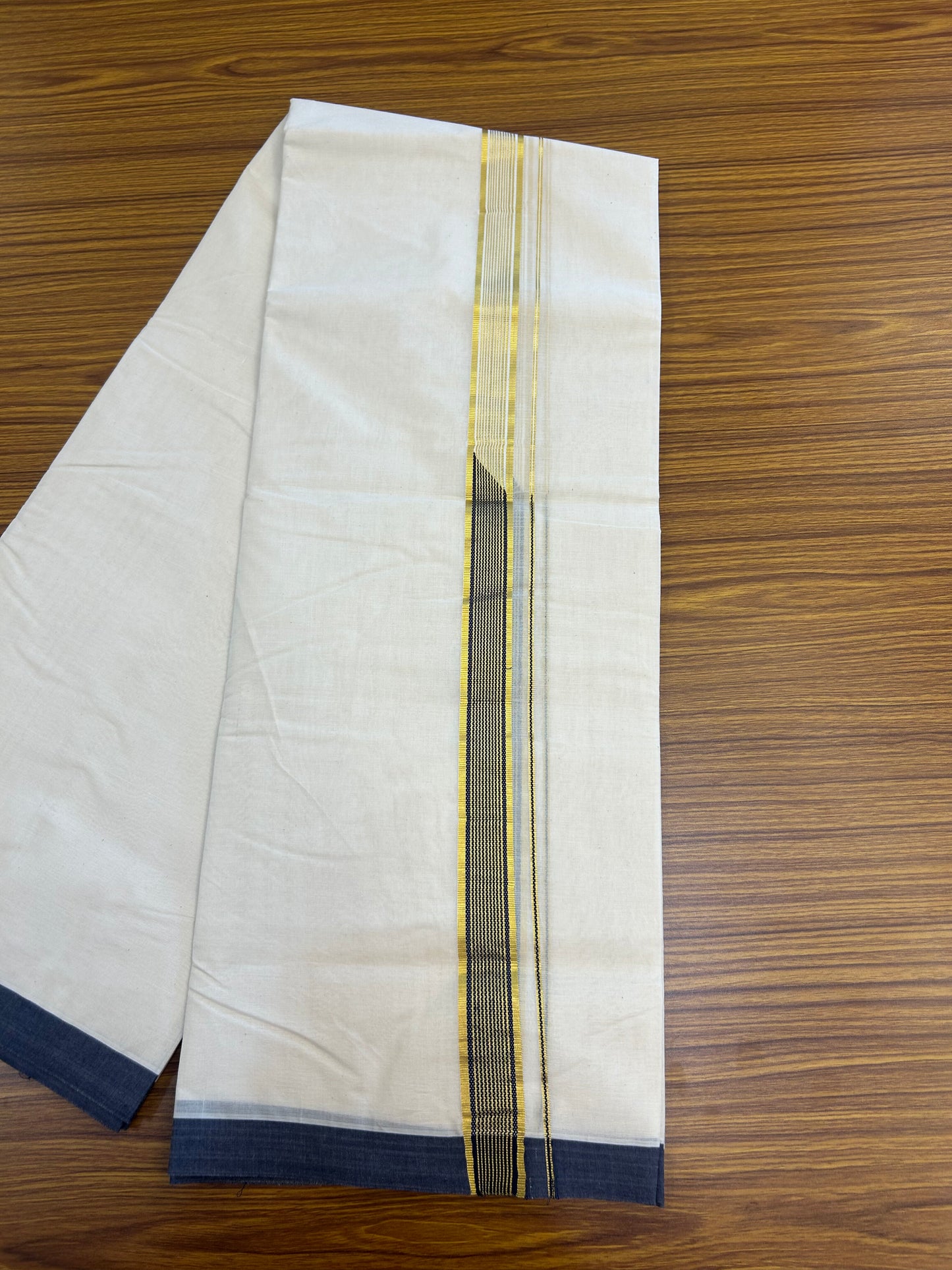 20% DISCOUNT! KaithariKada Balaramapuram 100% Cotton Double Off white - (Unbleached) Mundu/Dhoti-100x100 Chutty Heavy Designer Navy Blue & Kasavu 1.25 inch Kara- 1KK5088ASH