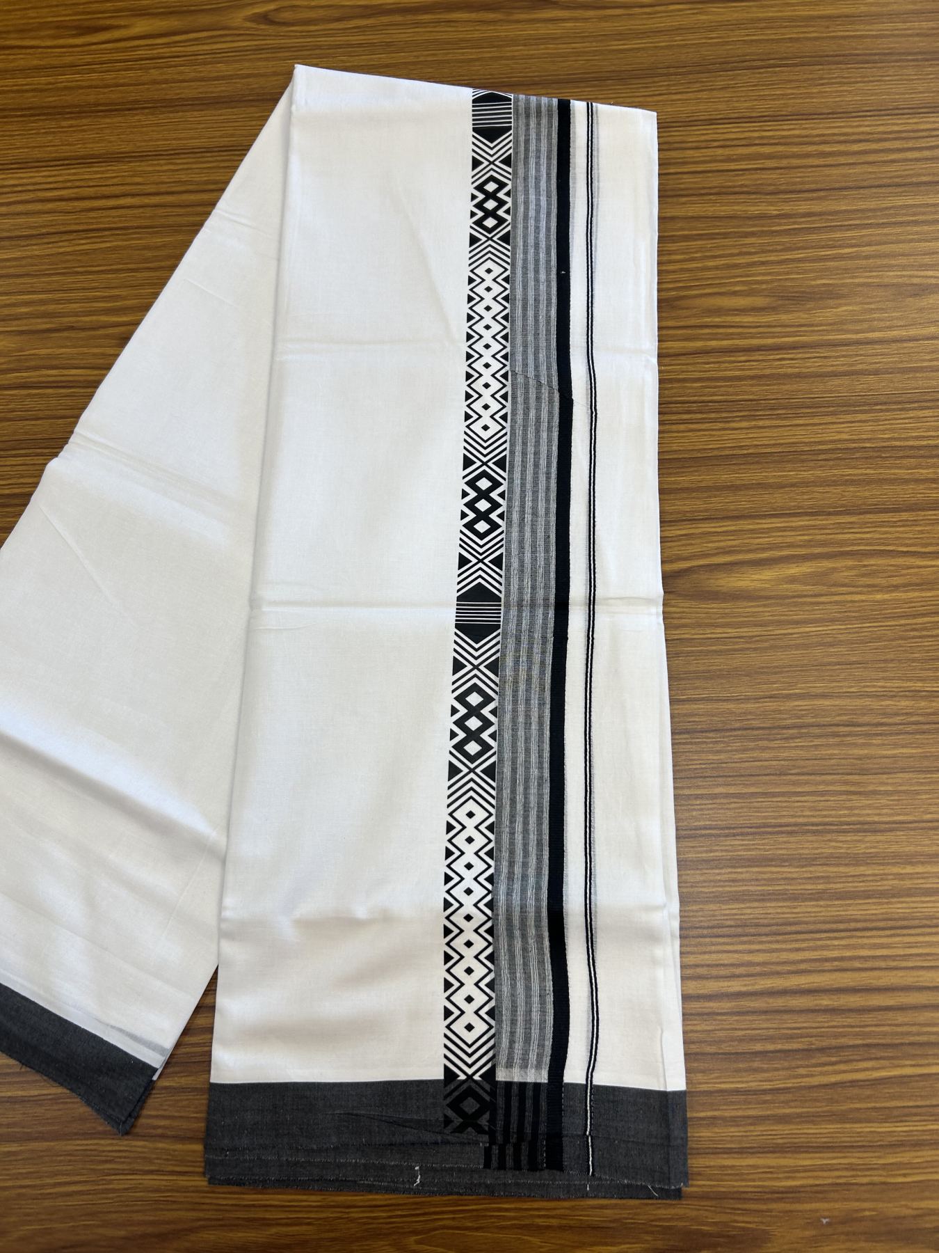 20% Discount ! KaithariKada Balaramapuram Cotton Double Pure white Mundu/Dhoti- 80s - 2.5 inch Black Printed Shade Stripes Design Kara - 3.65 mtr (8 muzham) - 54 KK5329 GAN