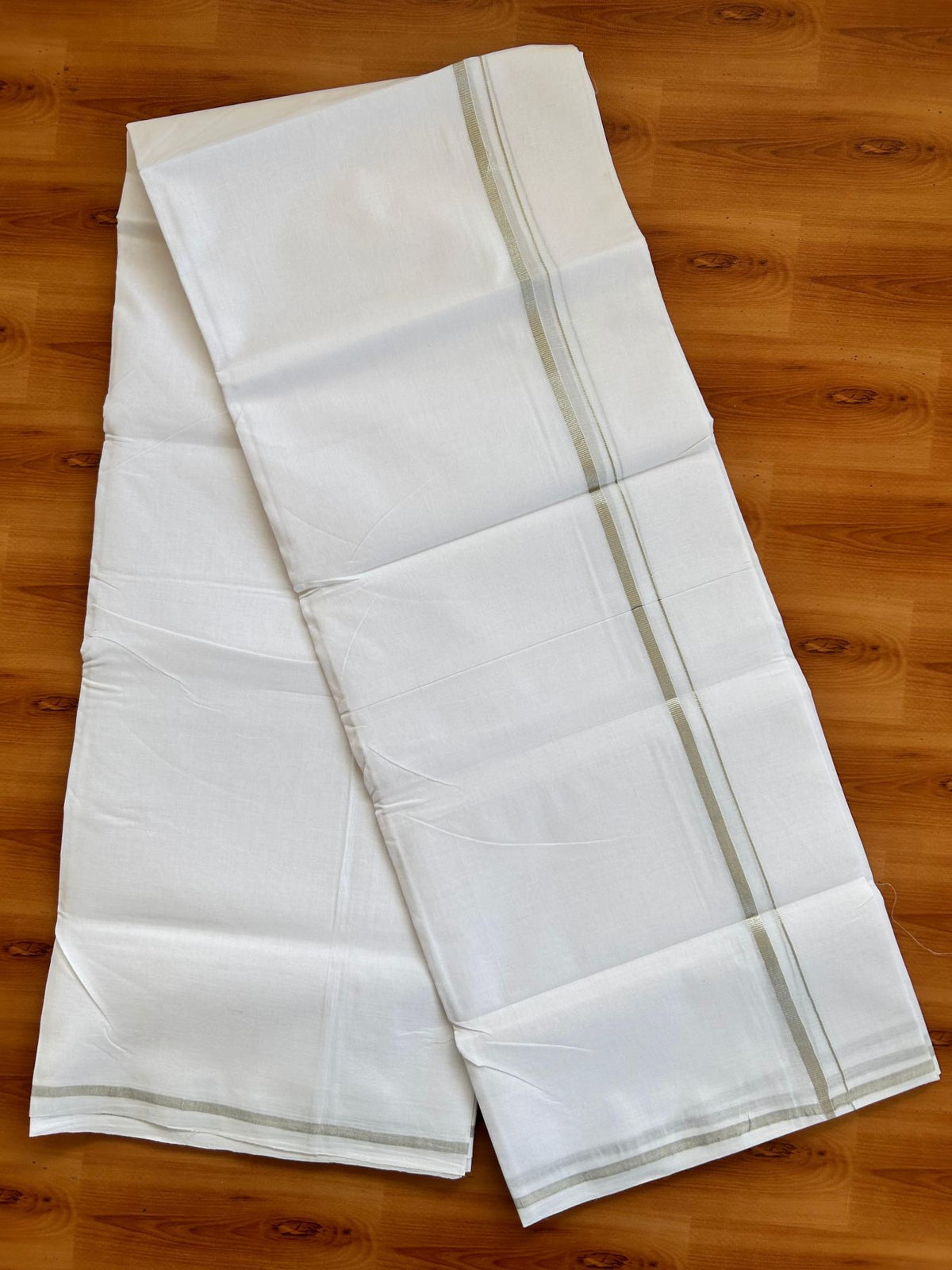 Double Pure White 25% Discount ! KaithariKada Handloom Unakkupaav  - Kerala Handloom - 100% Pure Cotton - 100X90 - 0.5 cm Silver Kasav Kara 3.90 mtr (8.36 Muzham) - 1 KK5496 YAR