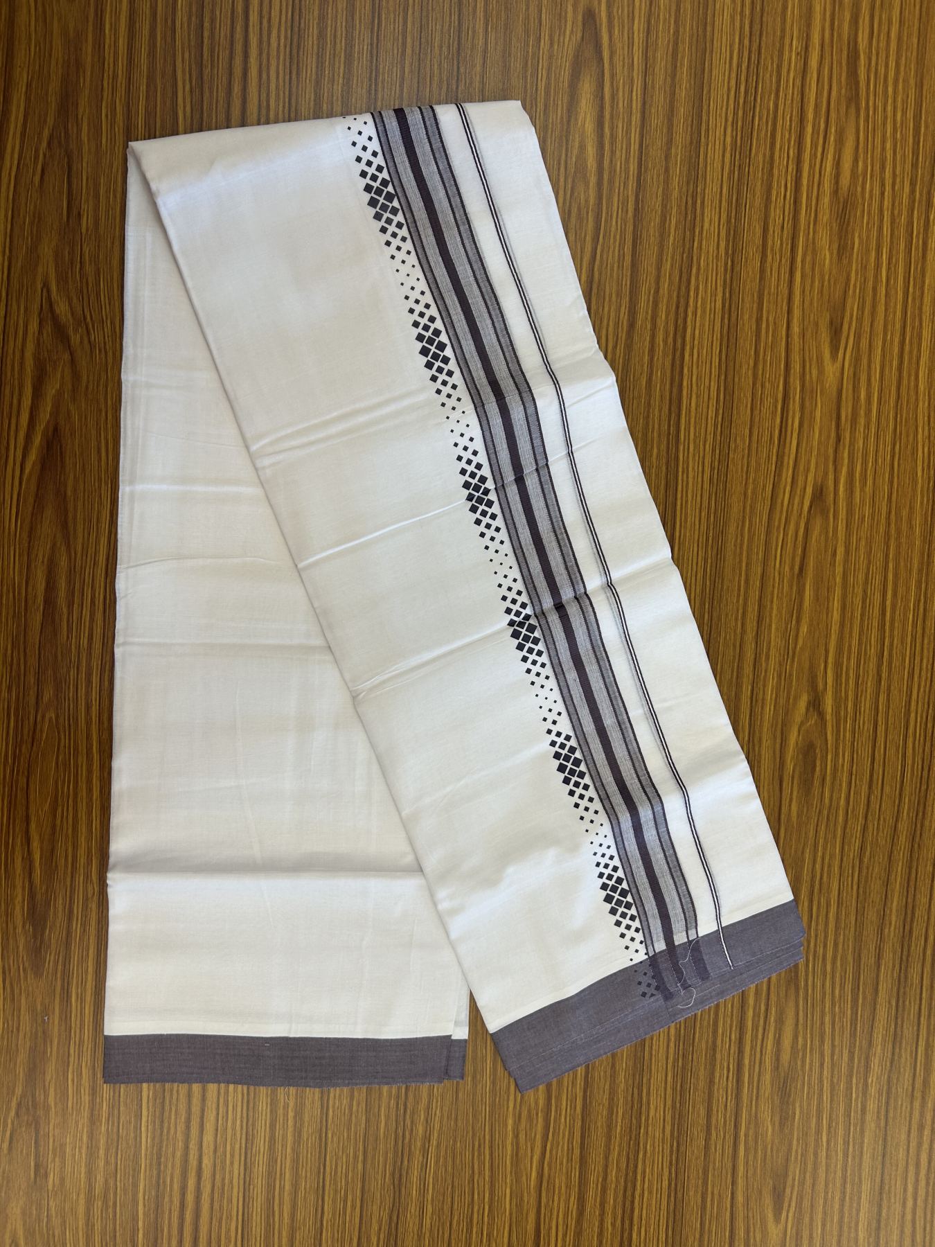 20% Discount ! KaithariKada Balaramapuram Cotton Double Pure white Mundu/Dhoti- 80s - 2.5 inch Dark Purple Ash Printed Shade Stripes Design Kara - 3.65 mtr (8 muzham) - 19 KK5329 GAN