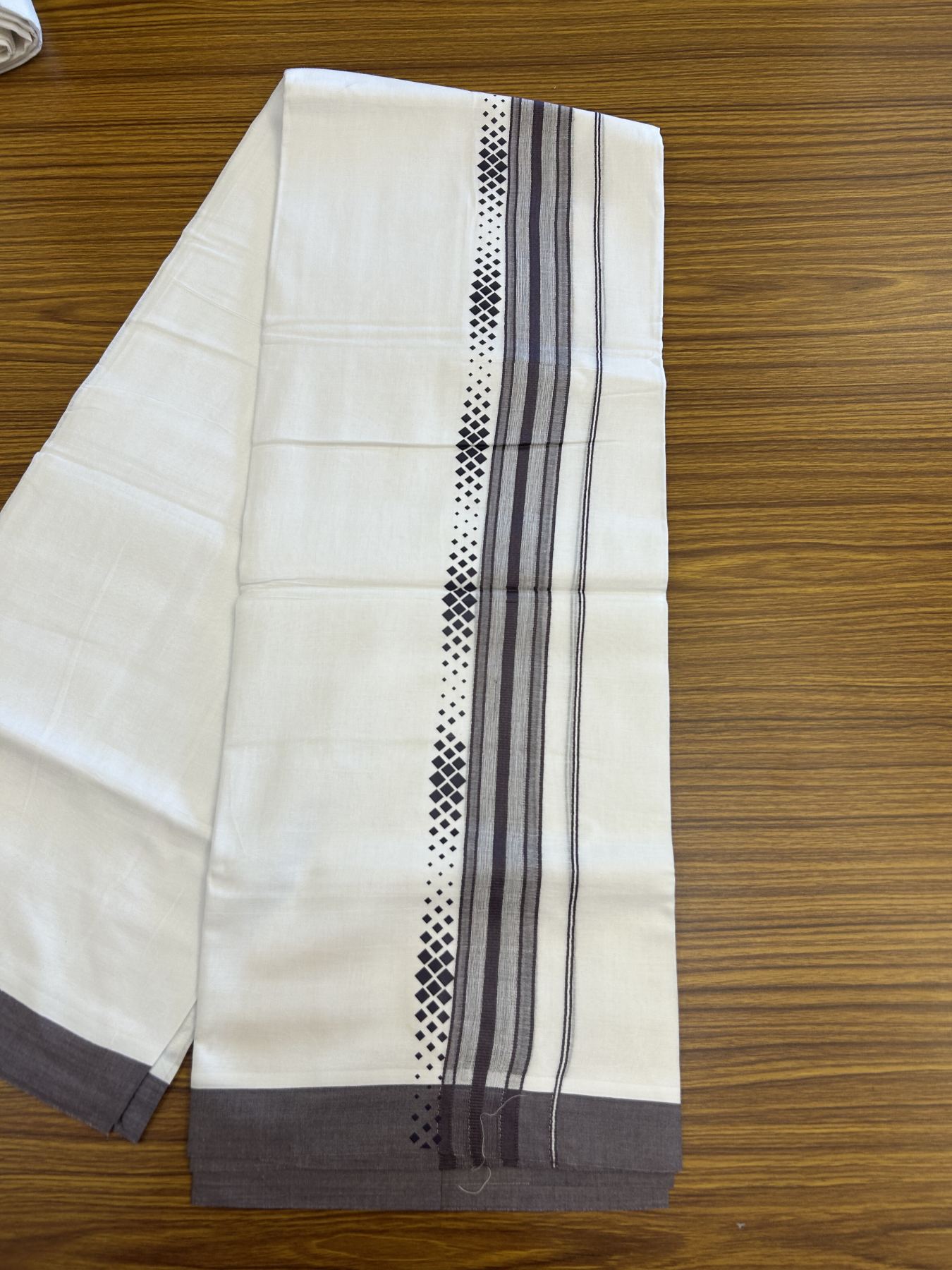 20% Discount ! KaithariKada Balaramapuram Cotton Double Pure white Mundu/Dhoti- 80s - 2.5 inch Dark Purple Ash Printed Shade Stripes Design Kara - 3.65 mtr (8 muzham) - 19 KK5329 GAN