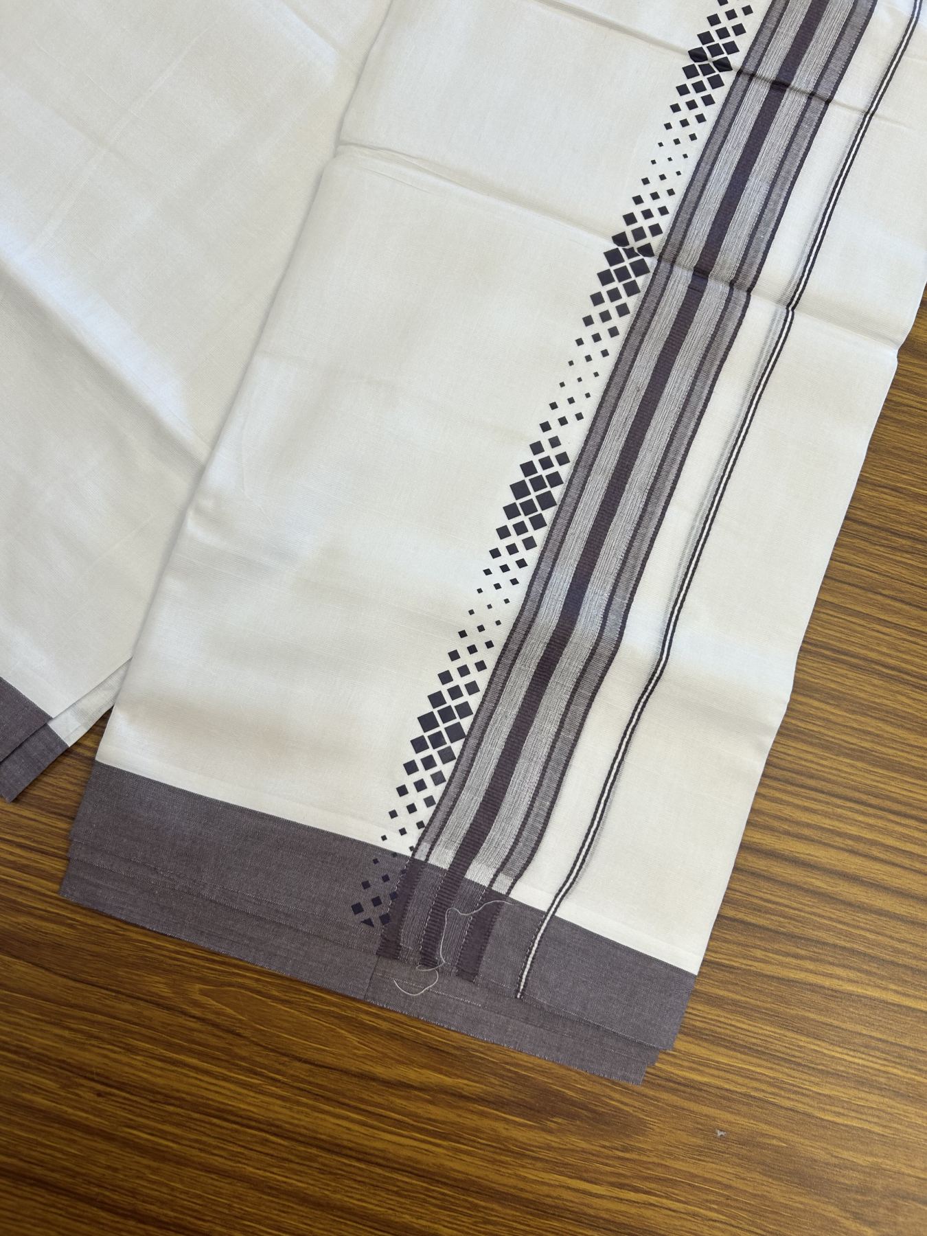 20% Discount ! KaithariKada Balaramapuram Cotton Double Pure white Mundu/Dhoti- 80s - 2.5 inch Dark Purple Ash Printed Shade Stripes Design Kara - 3.65 mtr (8 muzham) - 19 KK5329 GAN